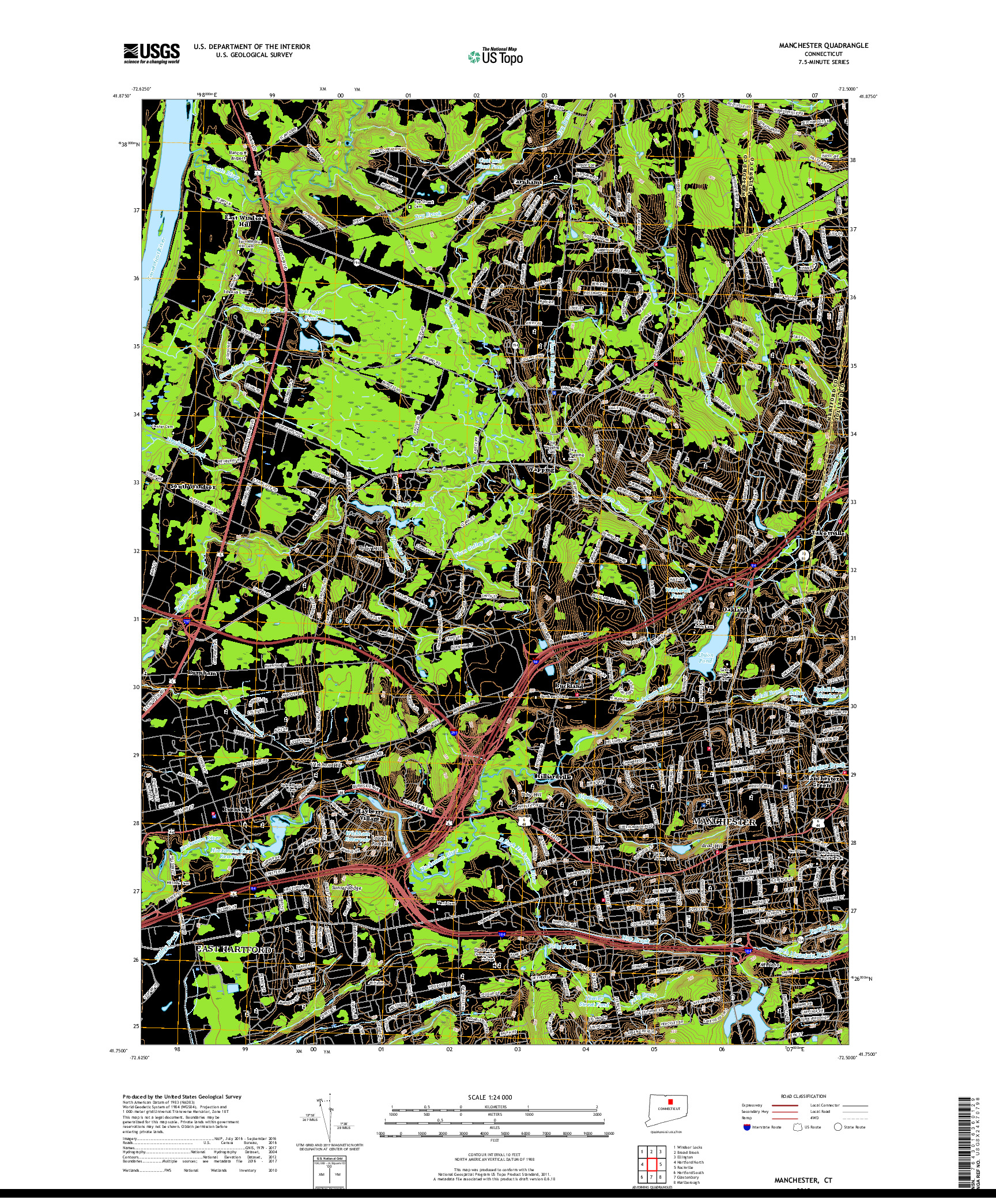 USGS US TOPO 7.5-MINUTE MAP FOR MANCHESTER, CT 2018