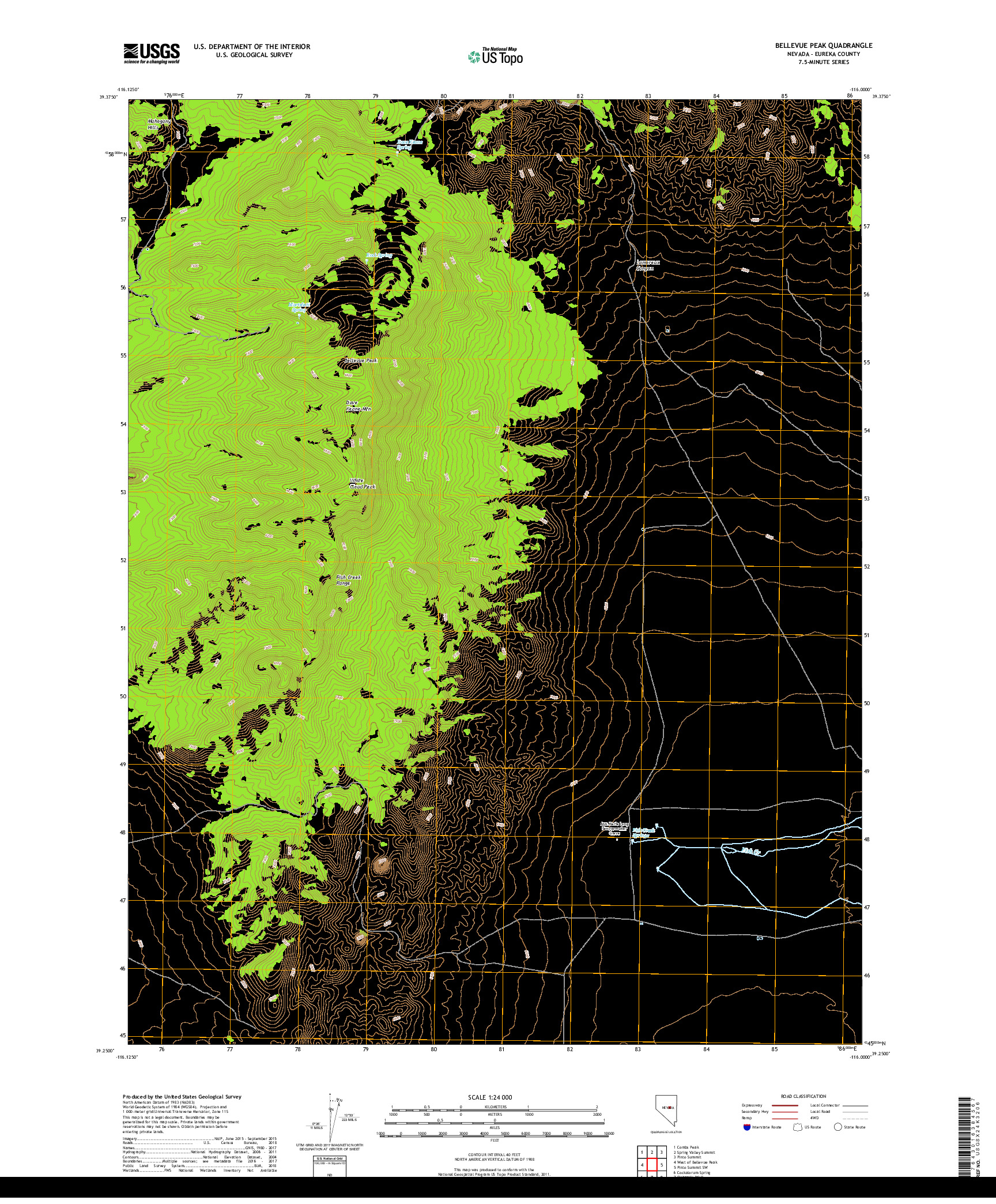 USGS US TOPO 7.5-MINUTE MAP FOR BELLEVUE PEAK, NV 2018