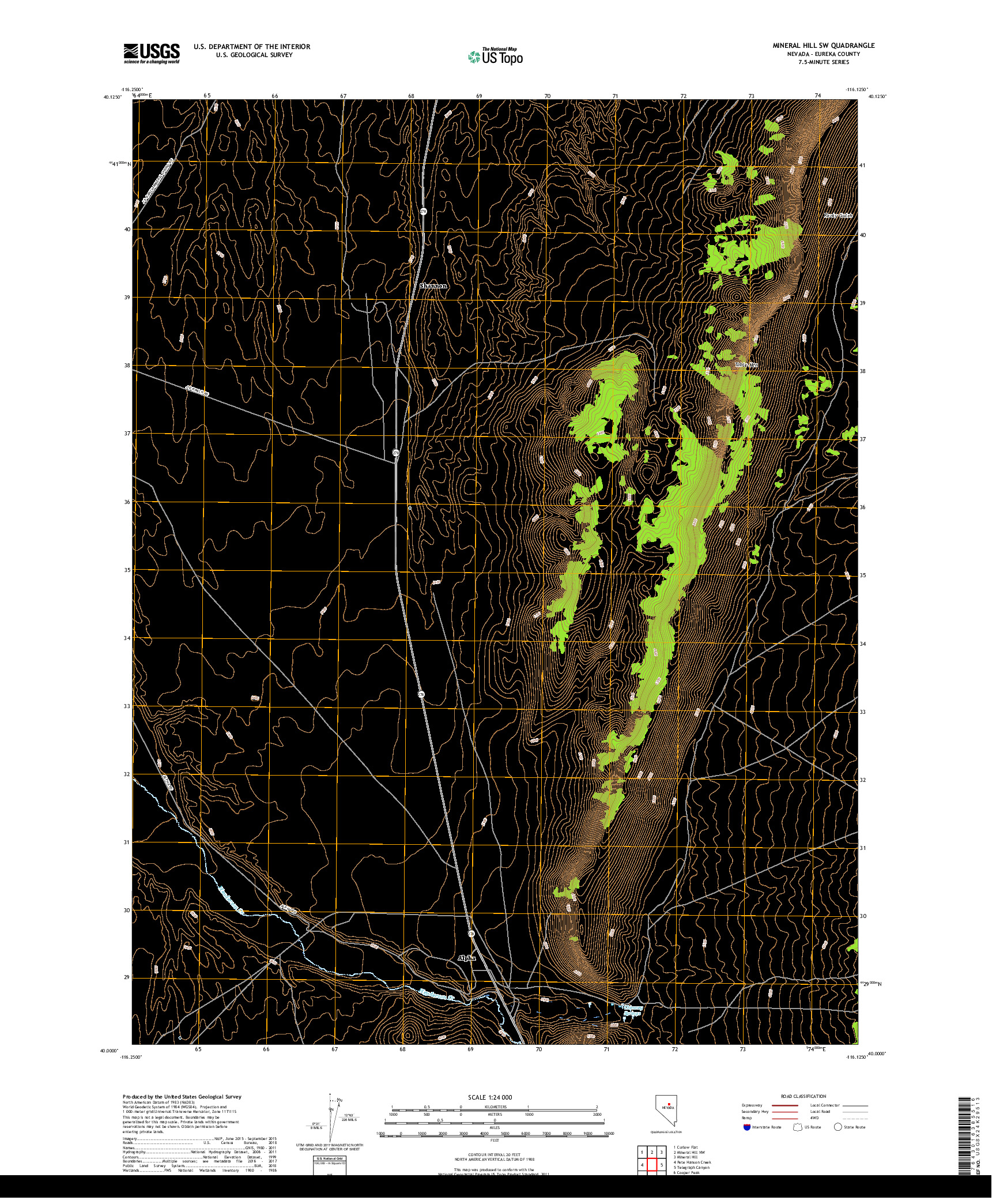 USGS US TOPO 7.5-MINUTE MAP FOR MINERAL HILL SW, NV 2018