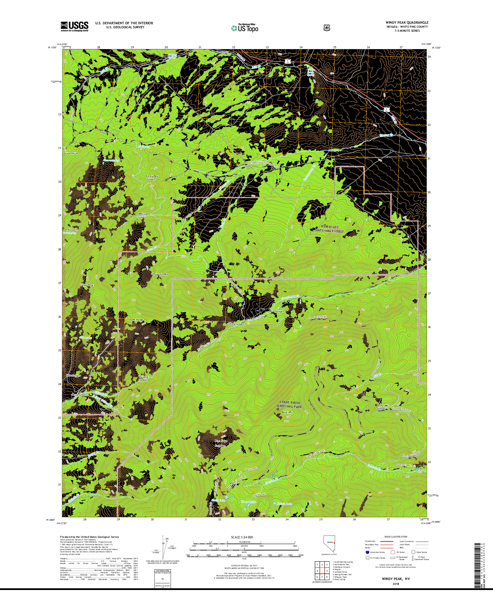 USGS US TOPO 7.5-MINUTE MAP FOR WINDY PEAK, NV 2018