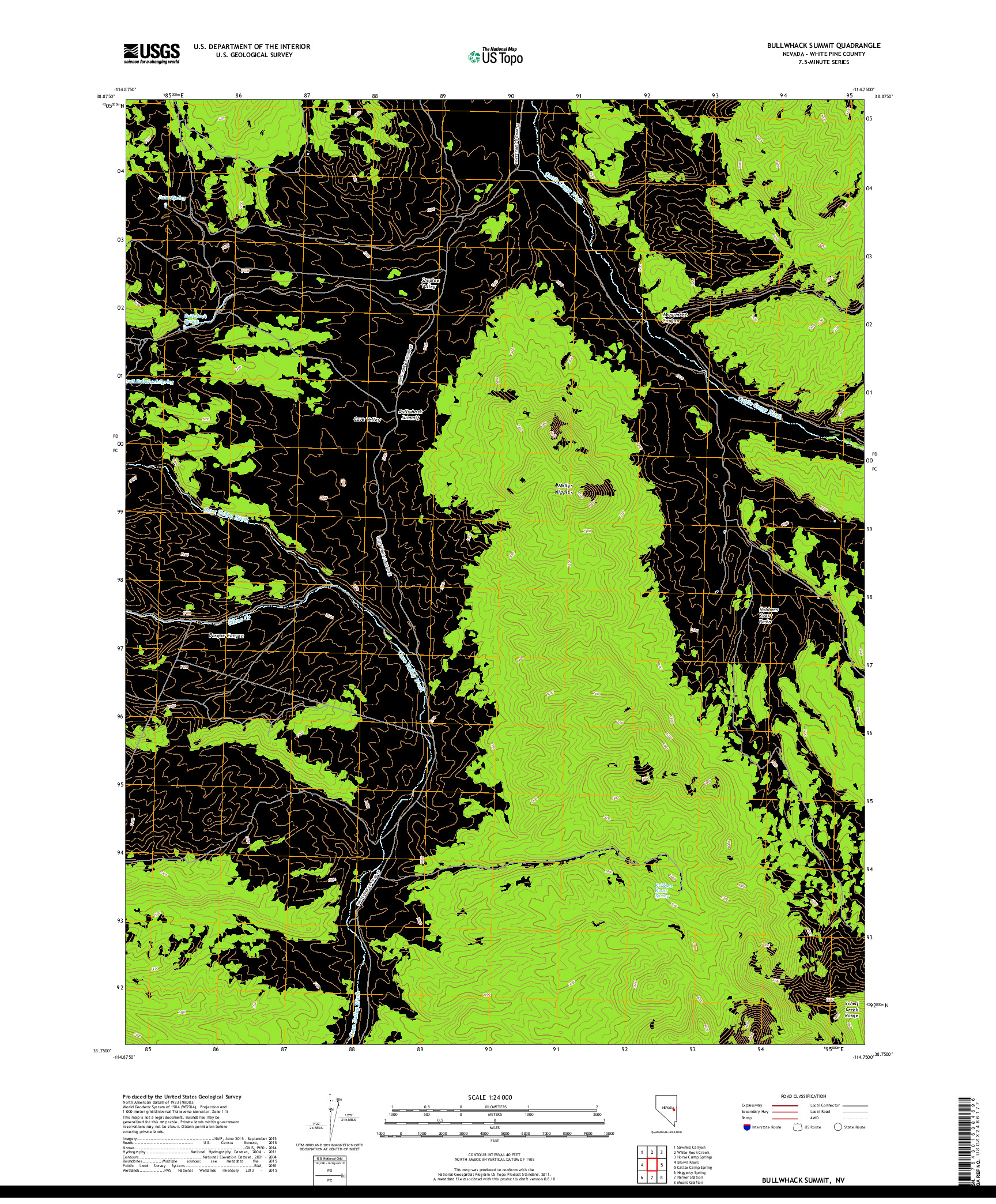 USGS US TOPO 7.5-MINUTE MAP FOR BULLWHACK SUMMIT, NV 2018