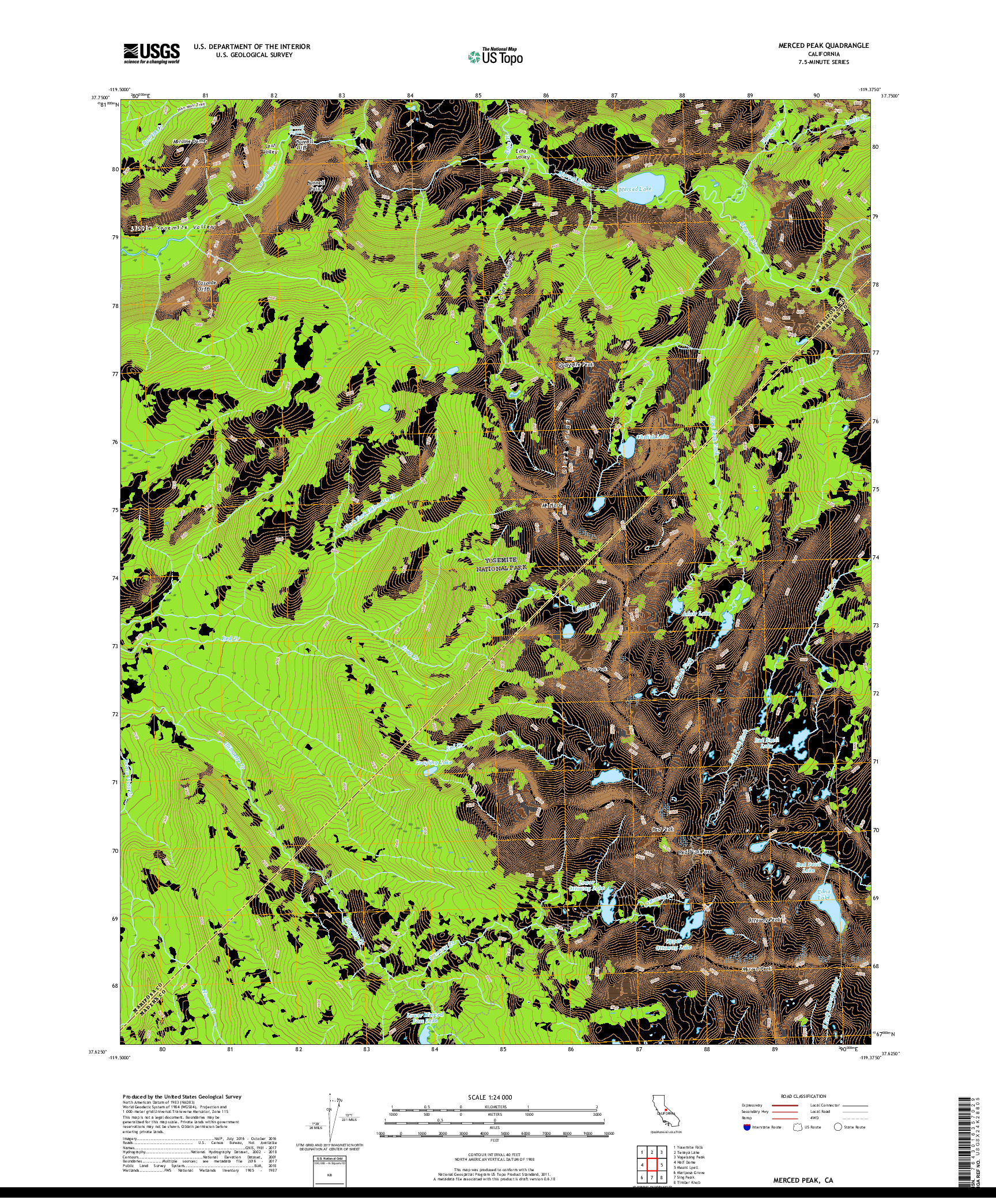 USGS US TOPO 7.5-MINUTE MAP FOR MERCED PEAK, CA 2018