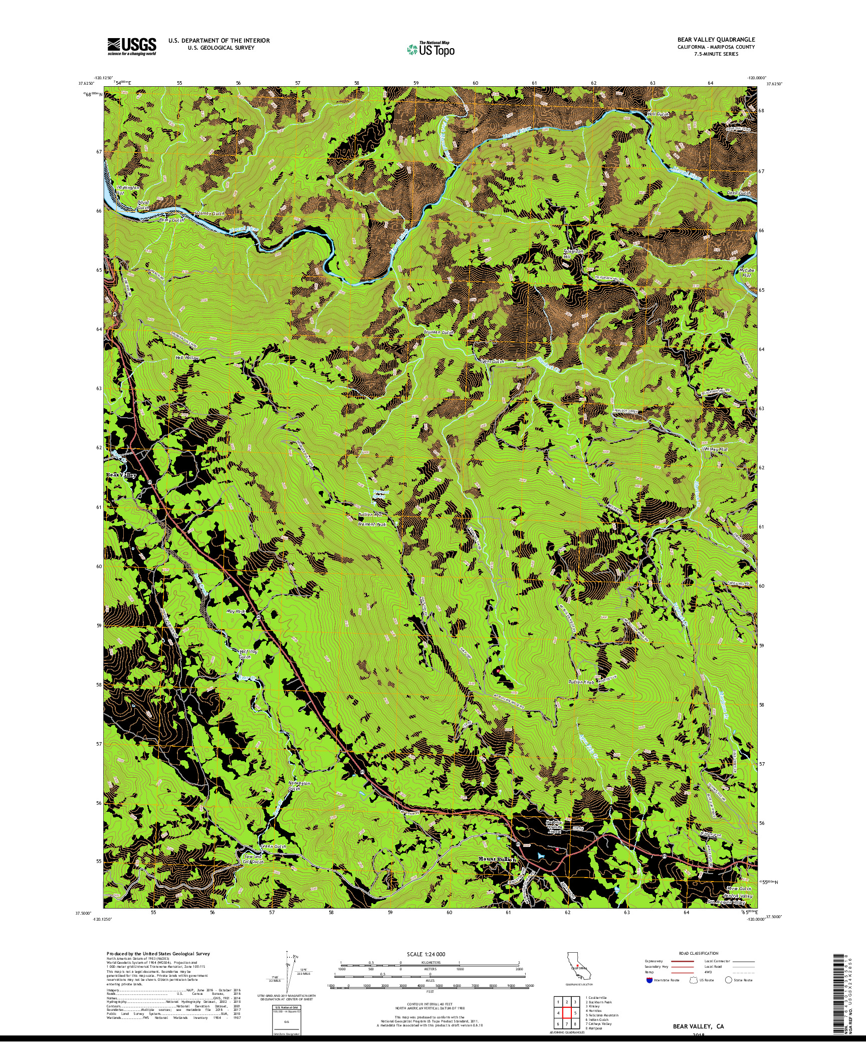 USGS US TOPO 7.5-MINUTE MAP FOR BEAR VALLEY, CA 2018