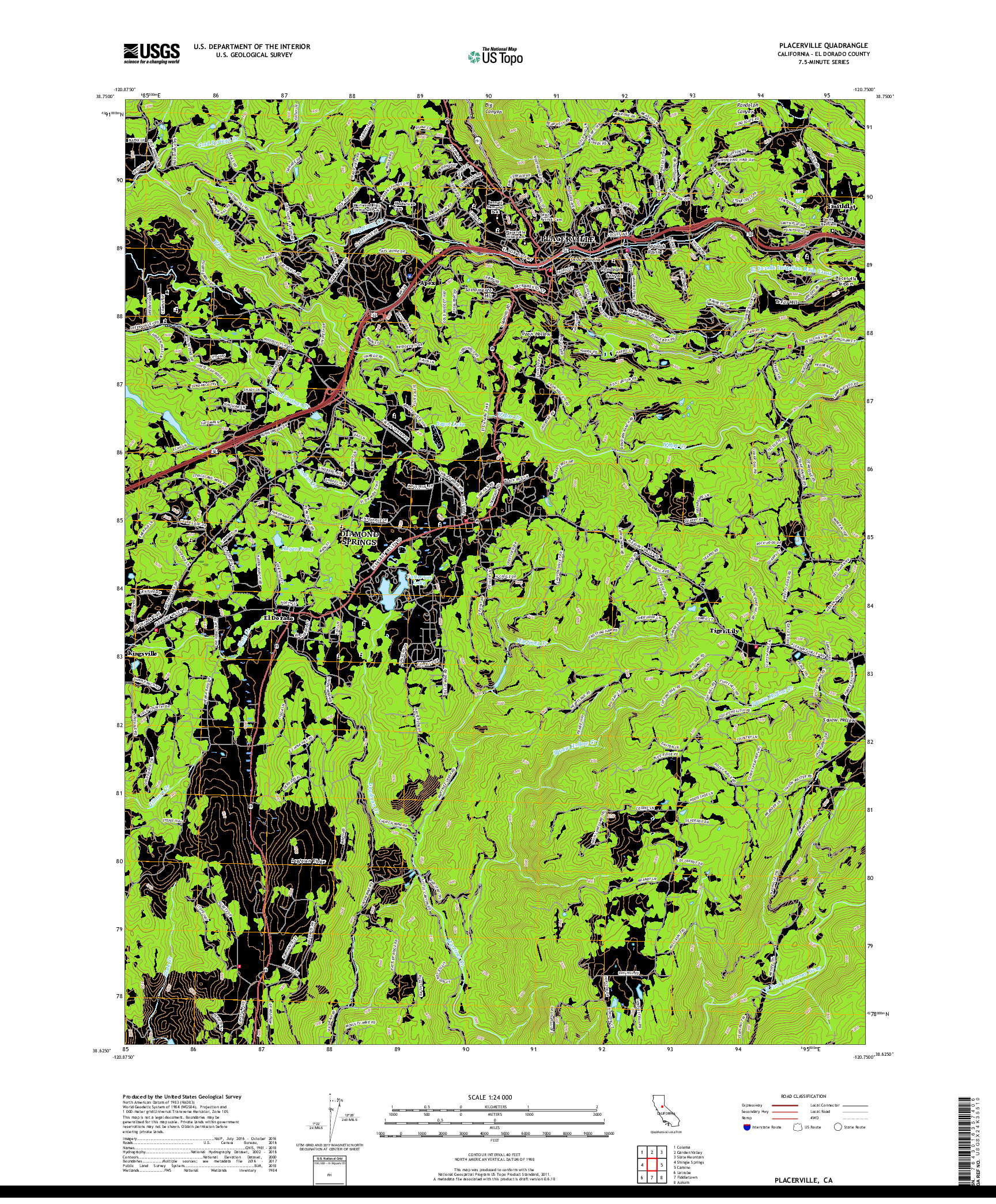 USGS US TOPO 7.5-MINUTE MAP FOR PLACERVILLE, CA 2018