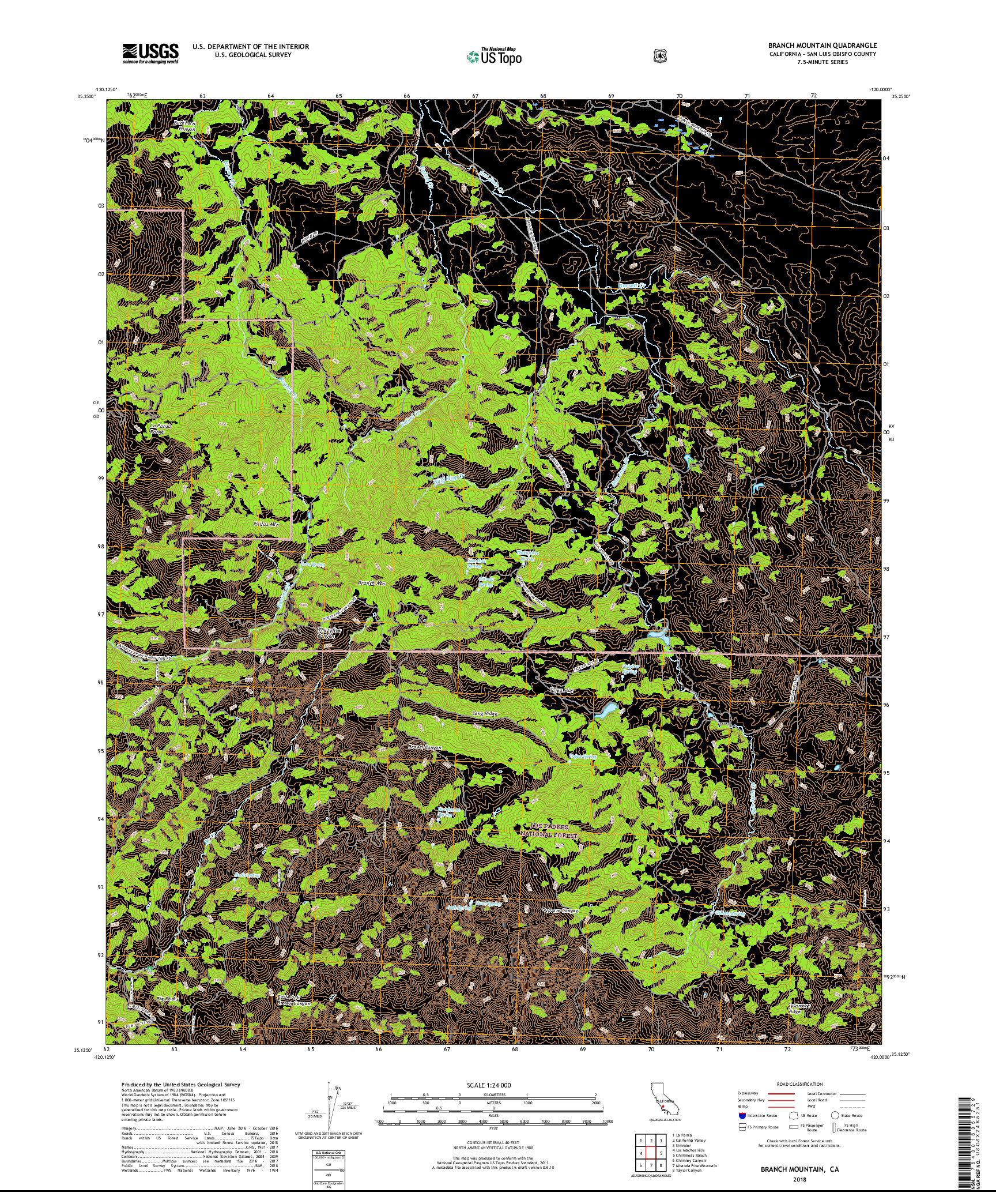 USGS US TOPO 7.5-MINUTE MAP FOR BRANCH MOUNTAIN, CA 2018