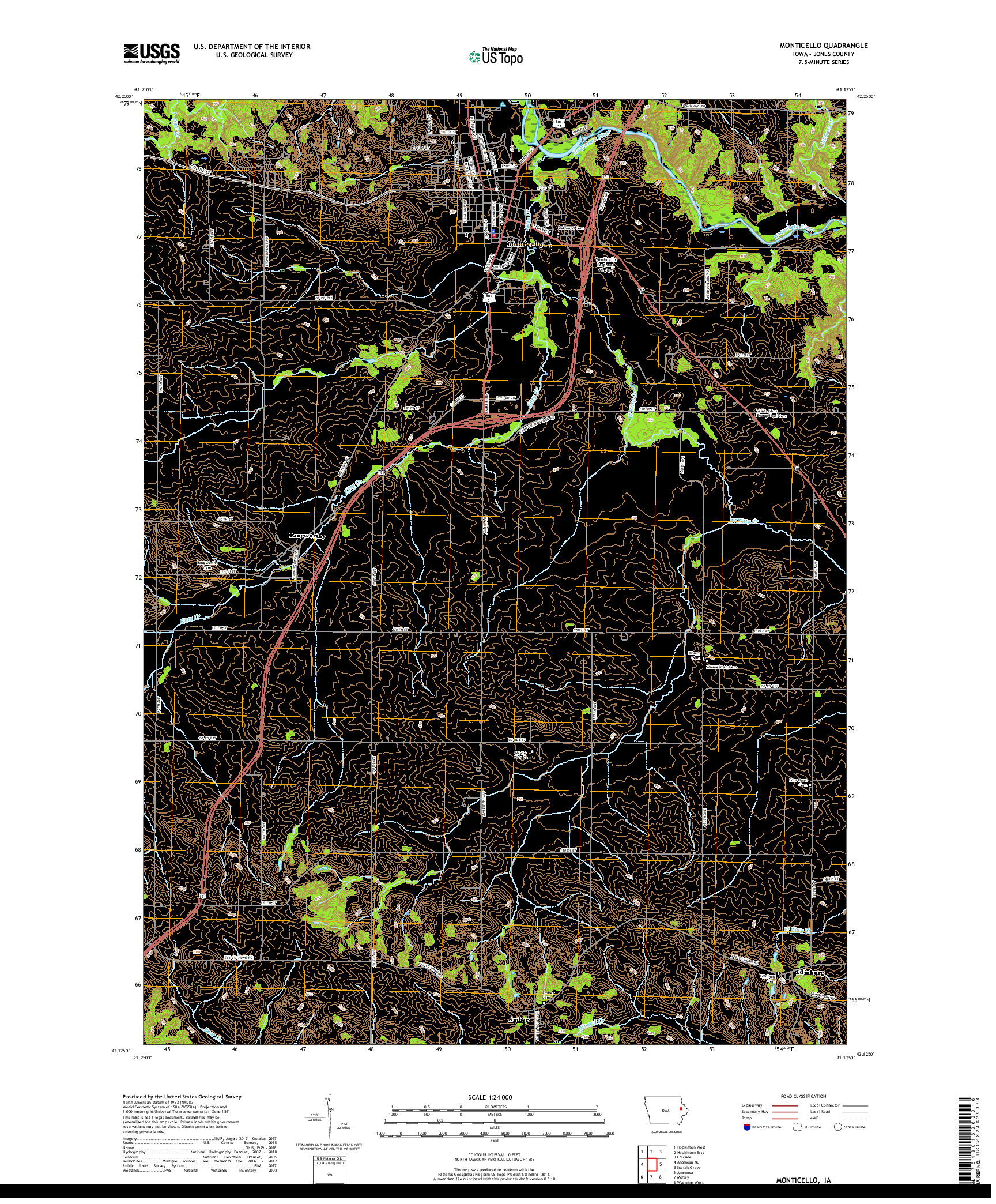 USGS US TOPO 7.5-MINUTE MAP FOR MONTICELLO, IA 2018