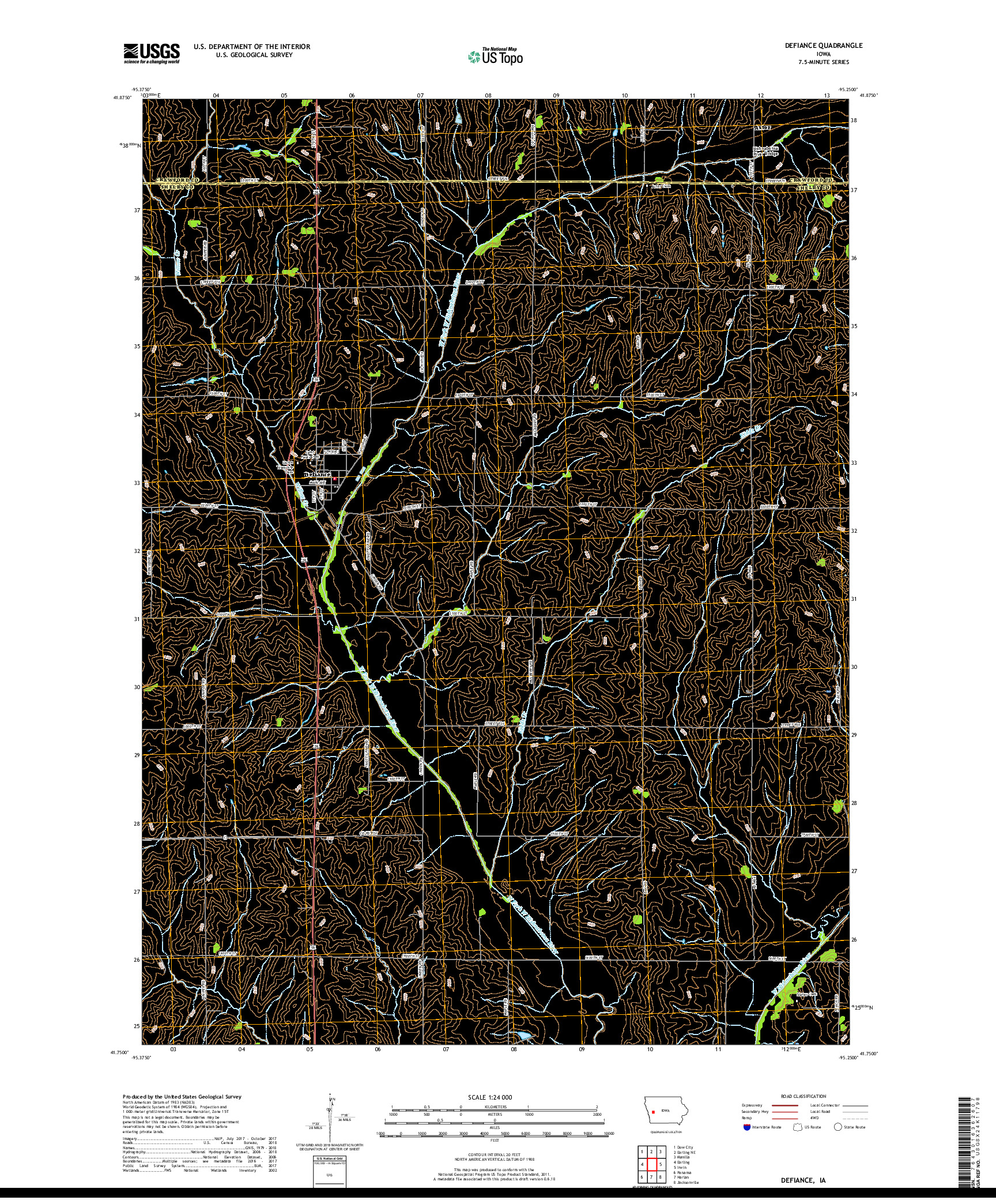 USGS US TOPO 7.5-MINUTE MAP FOR DEFIANCE, IA 2018