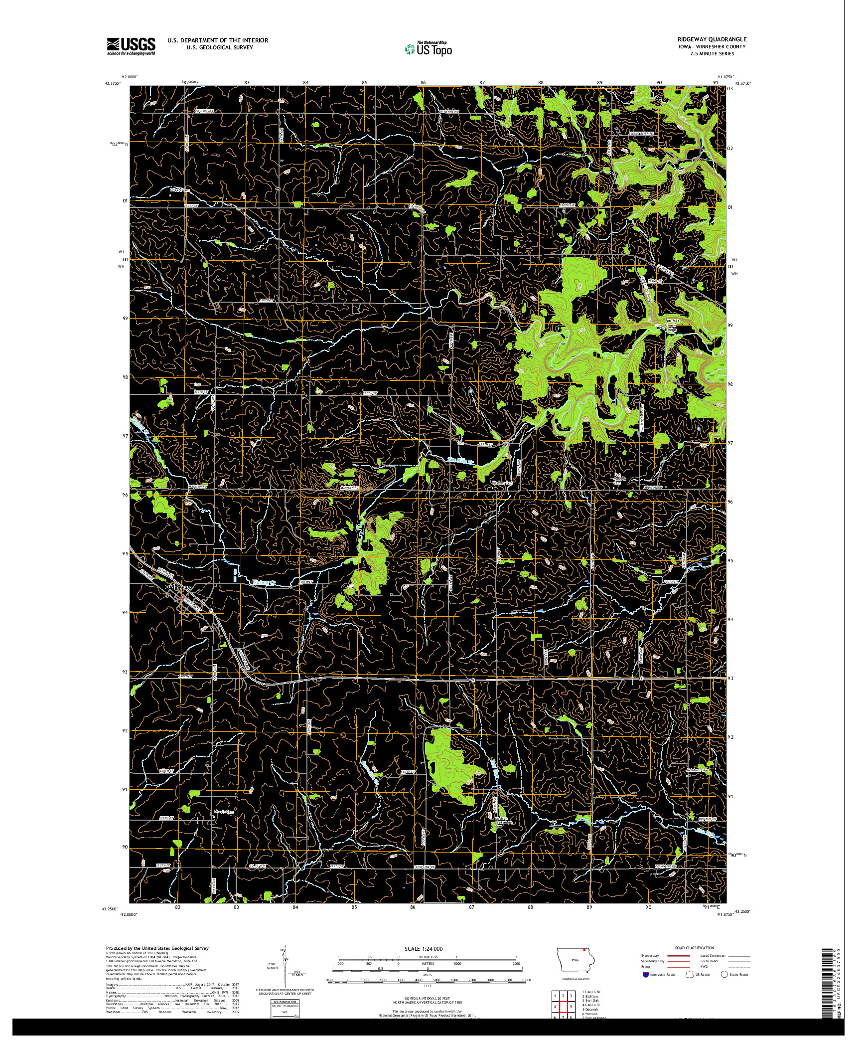 USGS US TOPO 7.5-MINUTE MAP FOR RIDGEWAY, IA 2018