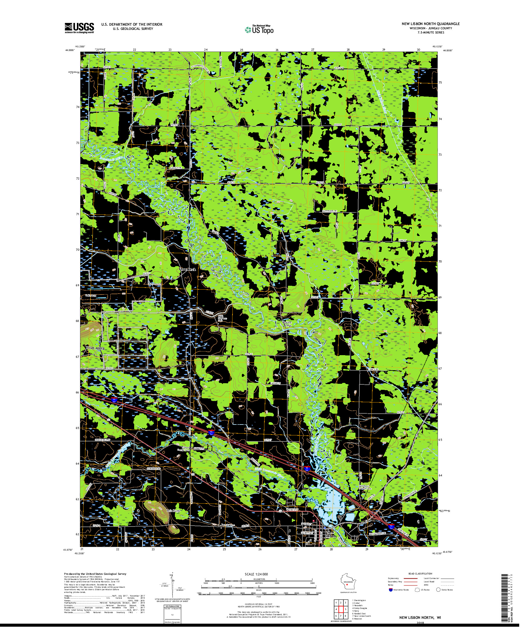 USGS US TOPO 7.5-MINUTE MAP FOR NEW LISBON NORTH, WI 2018