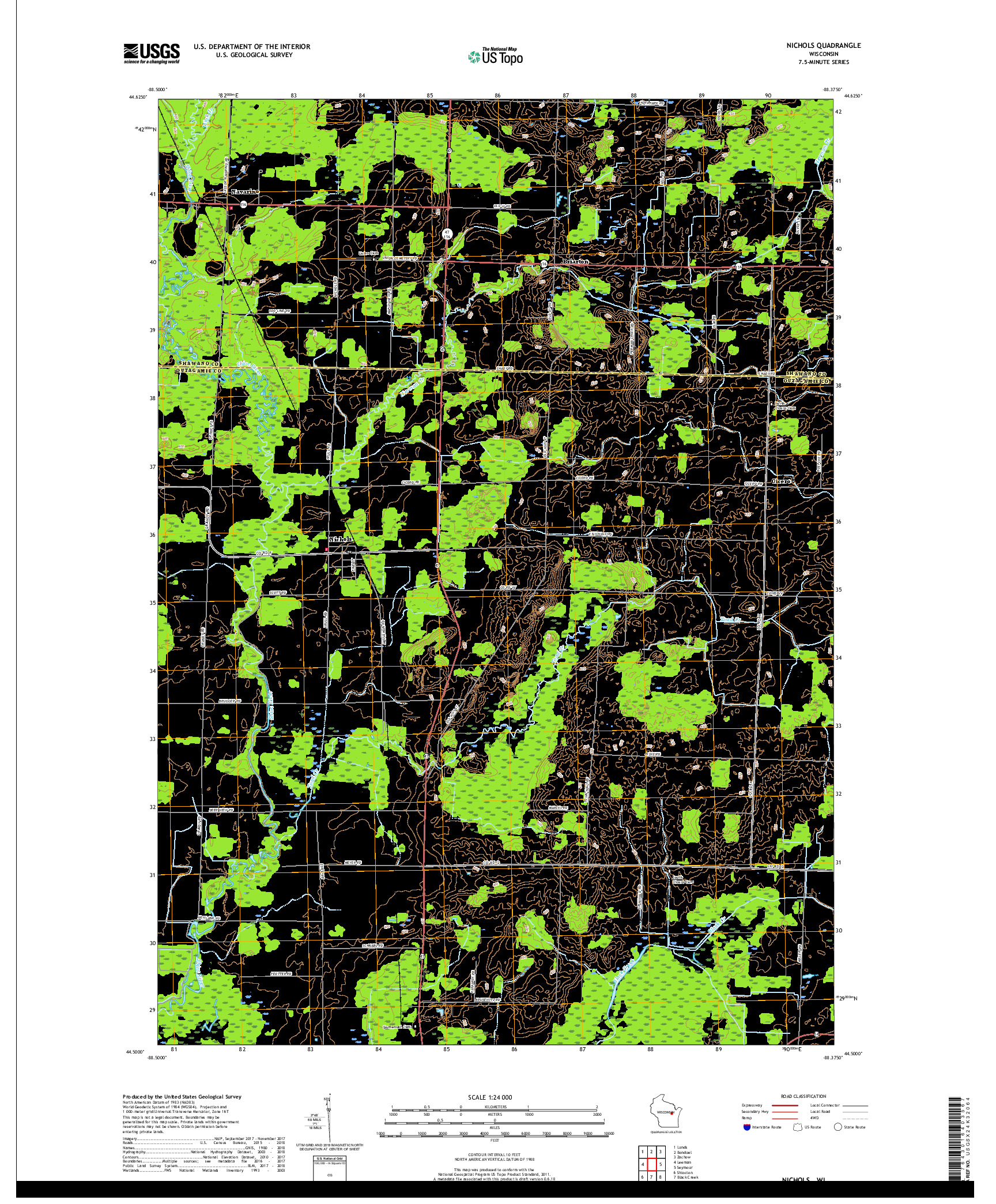 USGS US TOPO 7.5-MINUTE MAP FOR NICHOLS, WI 2018