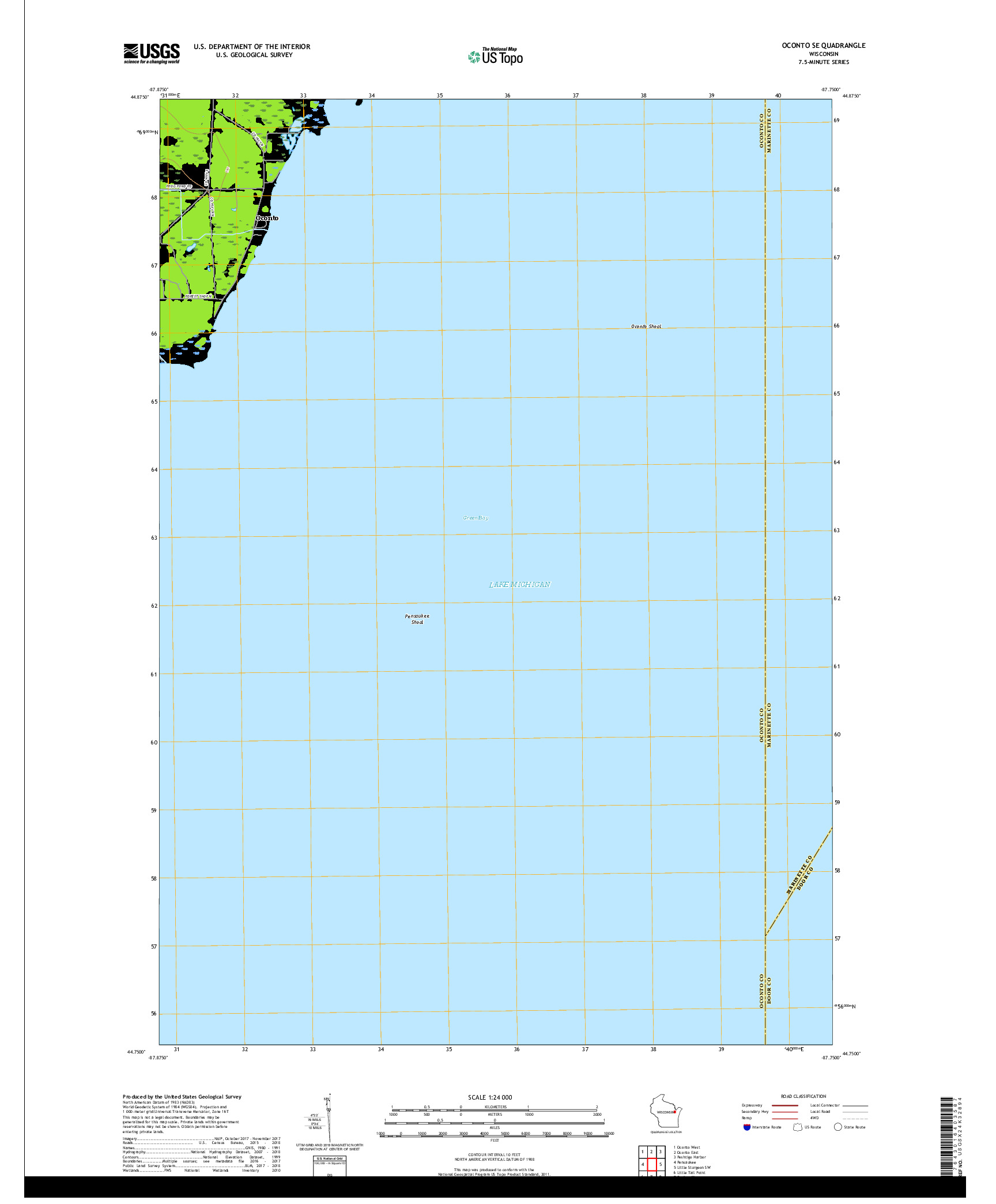 USGS US TOPO 7.5-MINUTE MAP FOR OCONTO SE, WI 2018