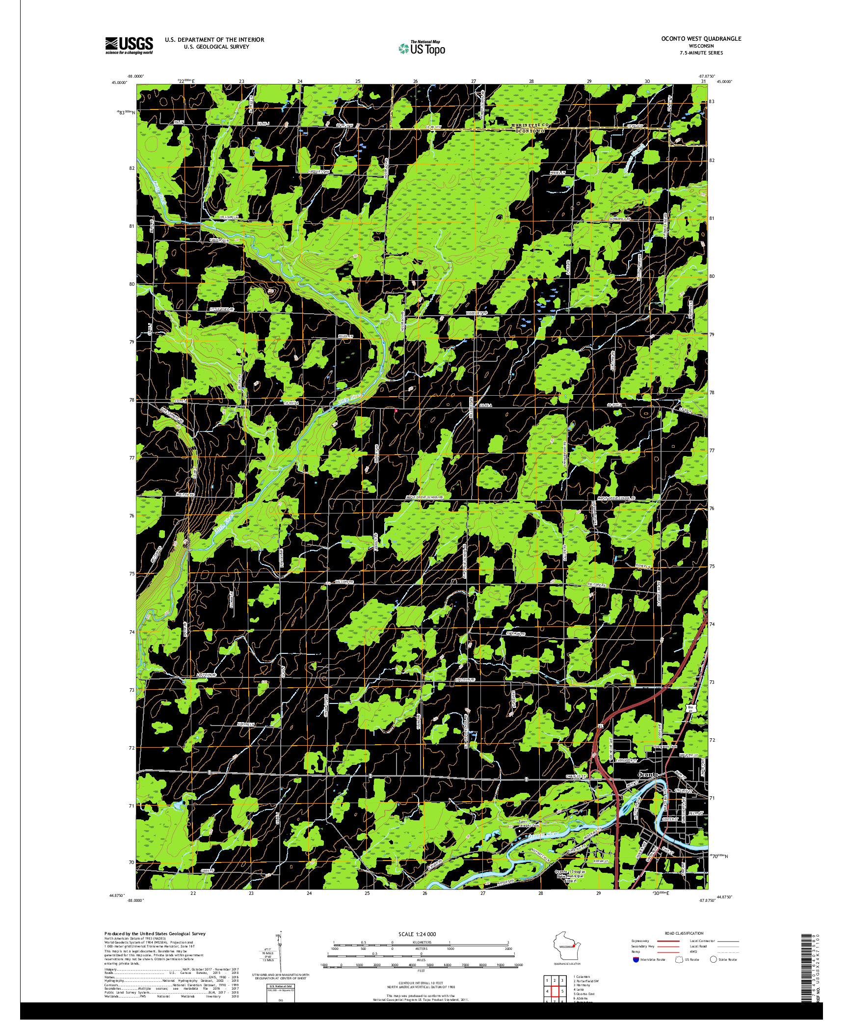 USGS US TOPO 7.5-MINUTE MAP FOR OCONTO WEST, WI 2018