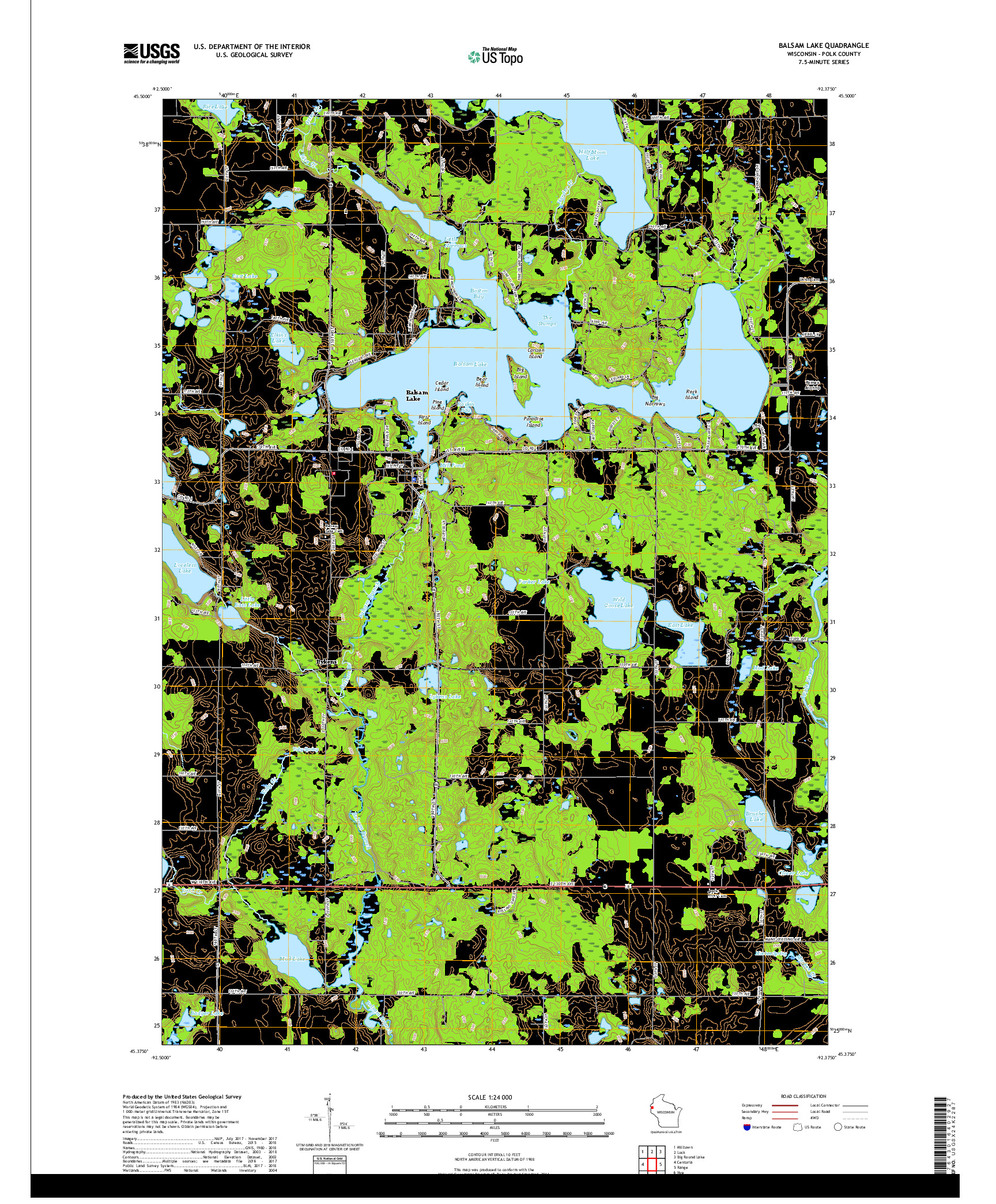 USGS US TOPO 7.5-MINUTE MAP FOR BALSAM LAKE, WI 2018