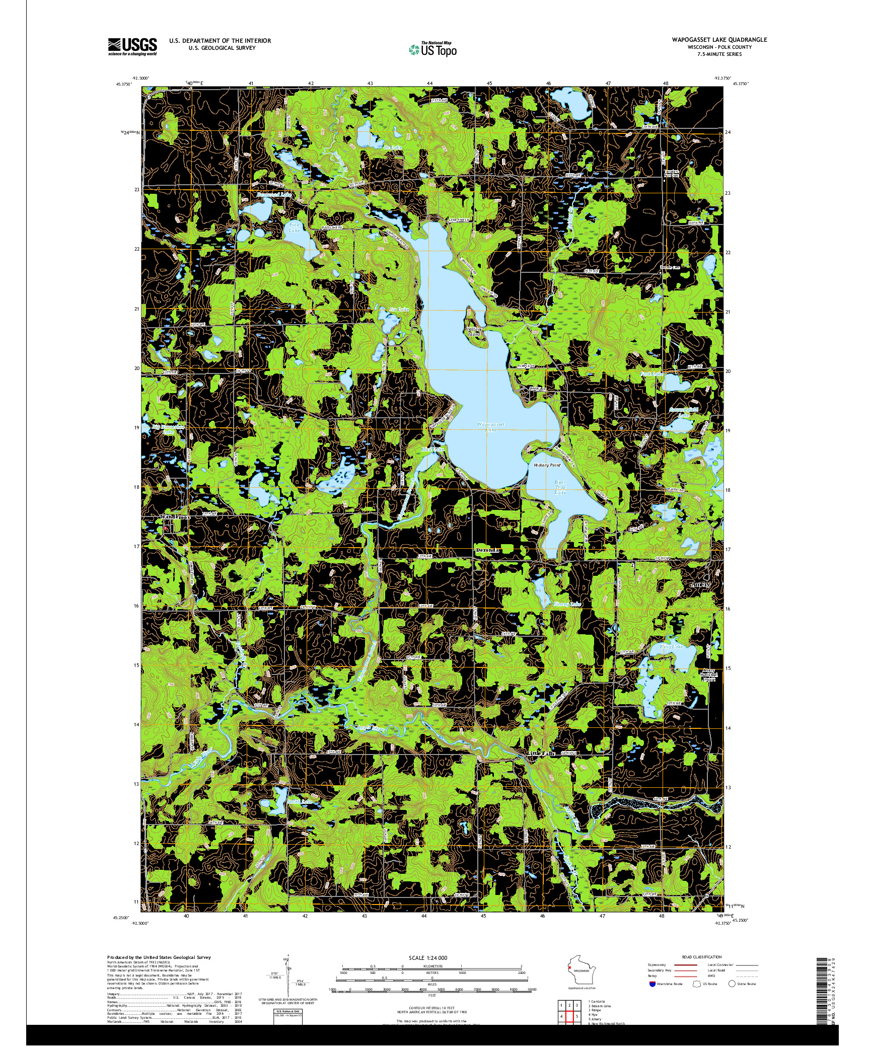 USGS US TOPO 7.5-MINUTE MAP FOR WAPOGASSET LAKE, WI 2018