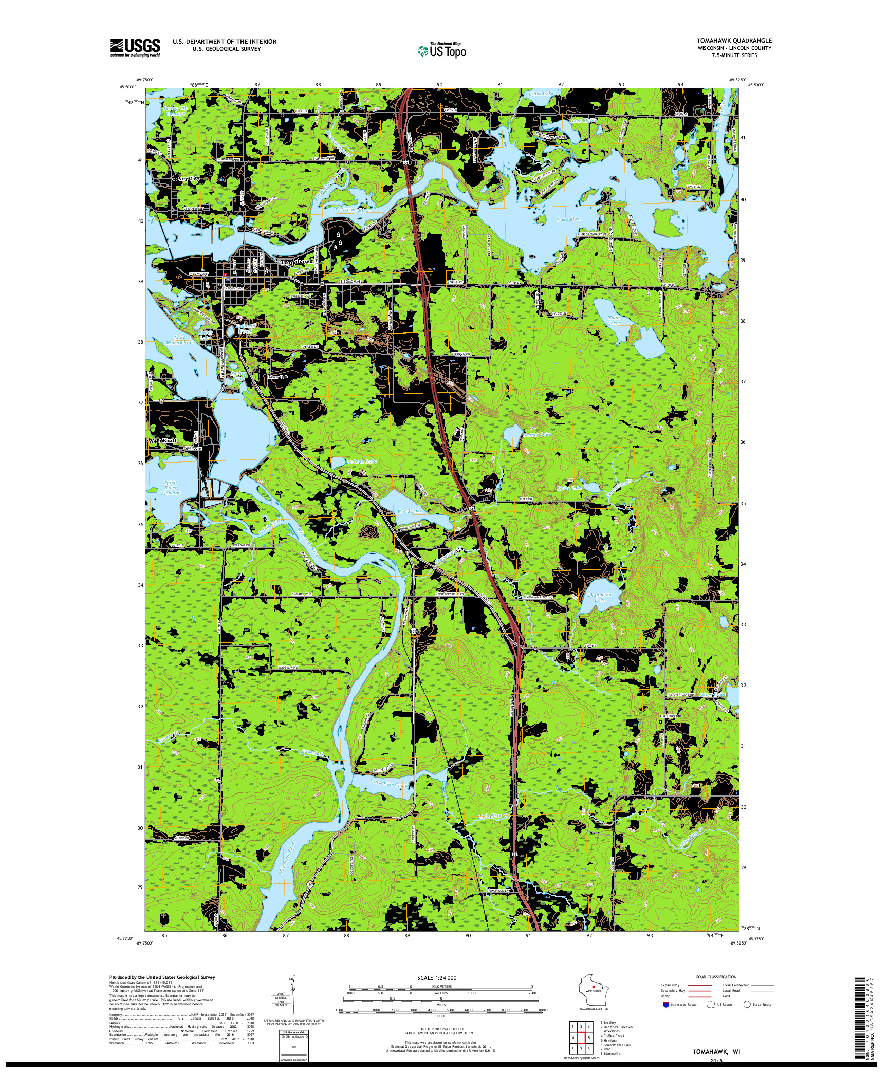 USGS US TOPO 7.5-MINUTE MAP FOR TOMAHAWK, WI 2018