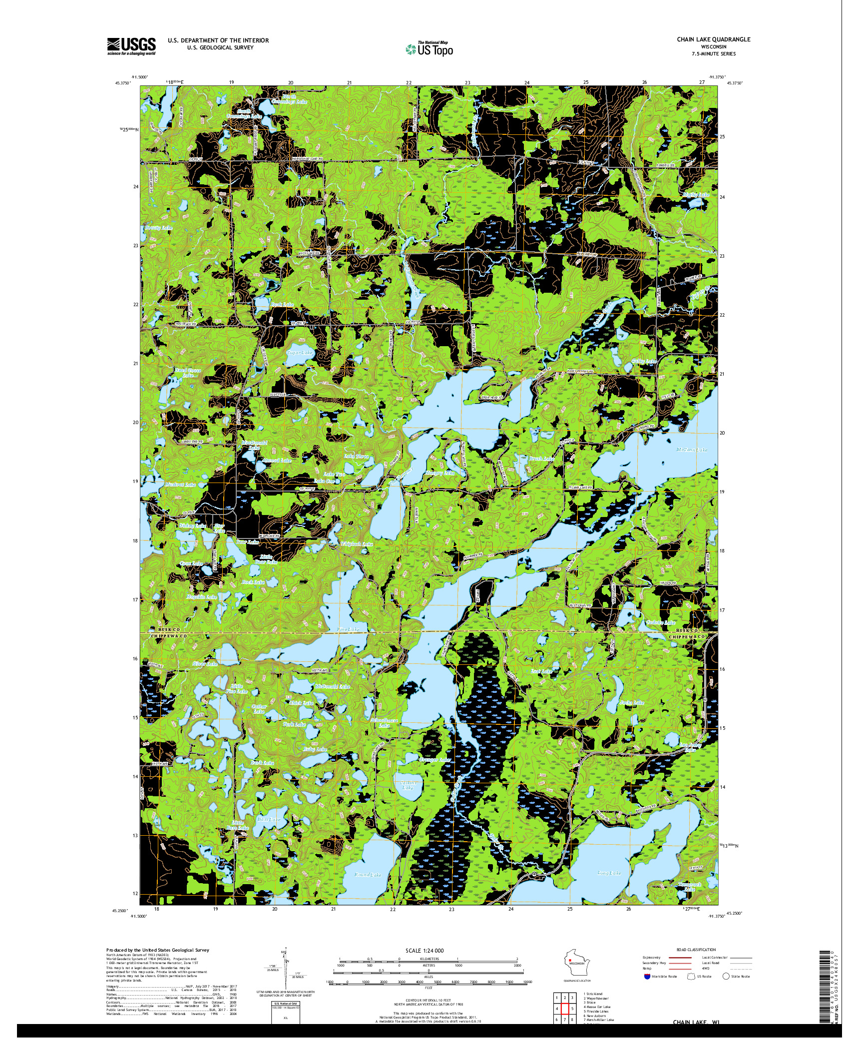 USGS US TOPO 7.5-MINUTE MAP FOR CHAIN LAKE, WI 2018