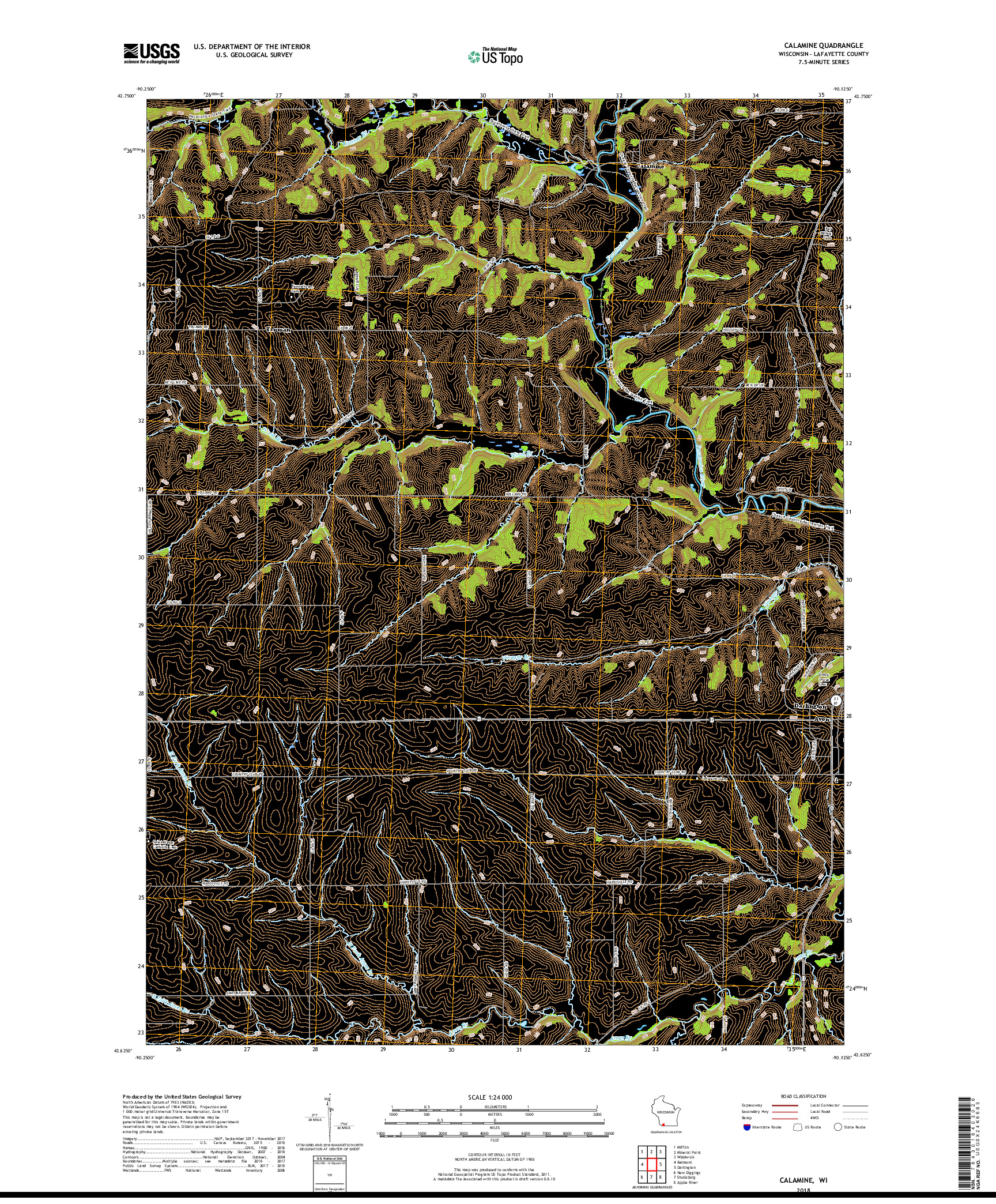 USGS US TOPO 7.5-MINUTE MAP FOR CALAMINE, WI 2018