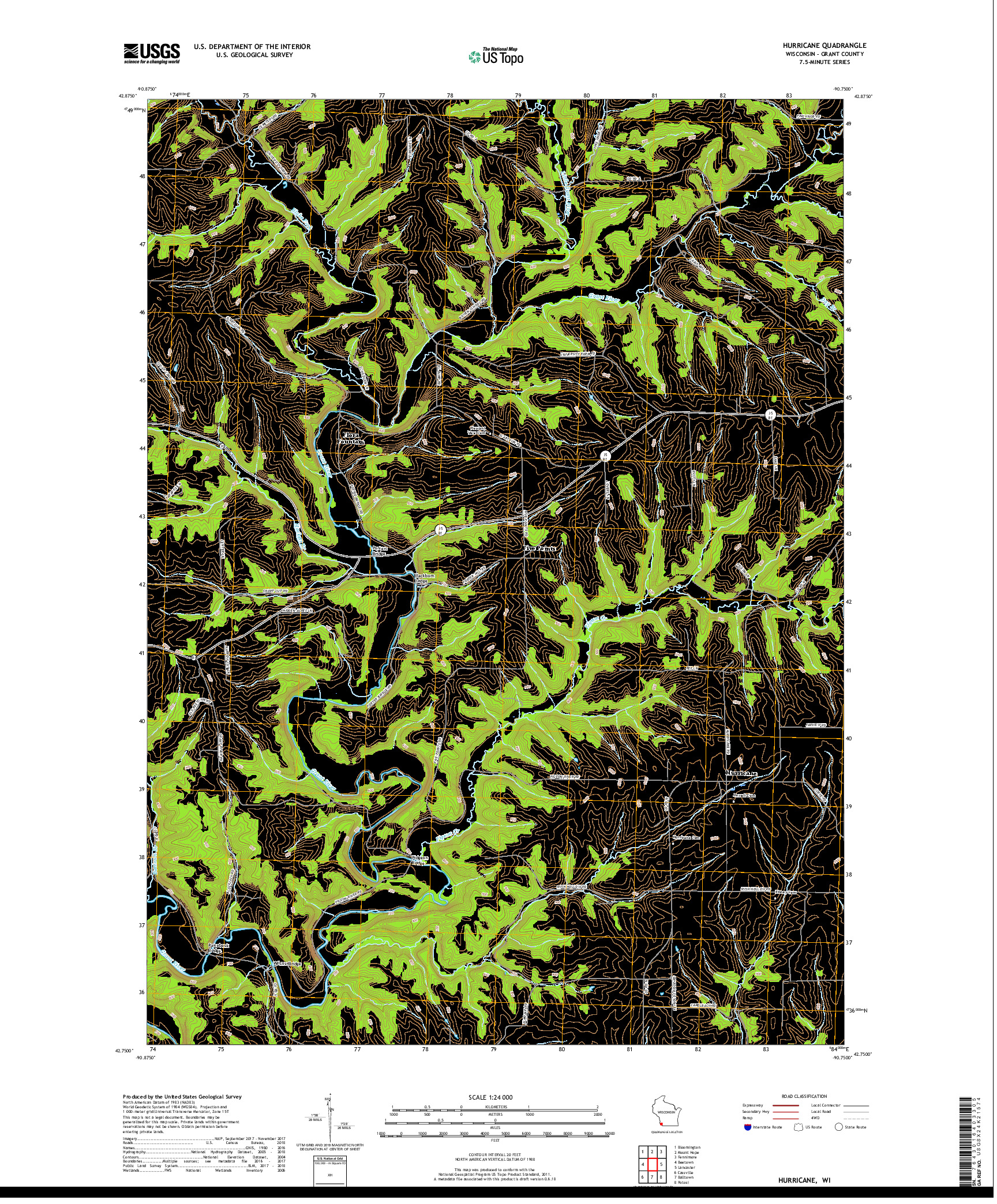 USGS US TOPO 7.5-MINUTE MAP FOR HURRICANE, WI 2018