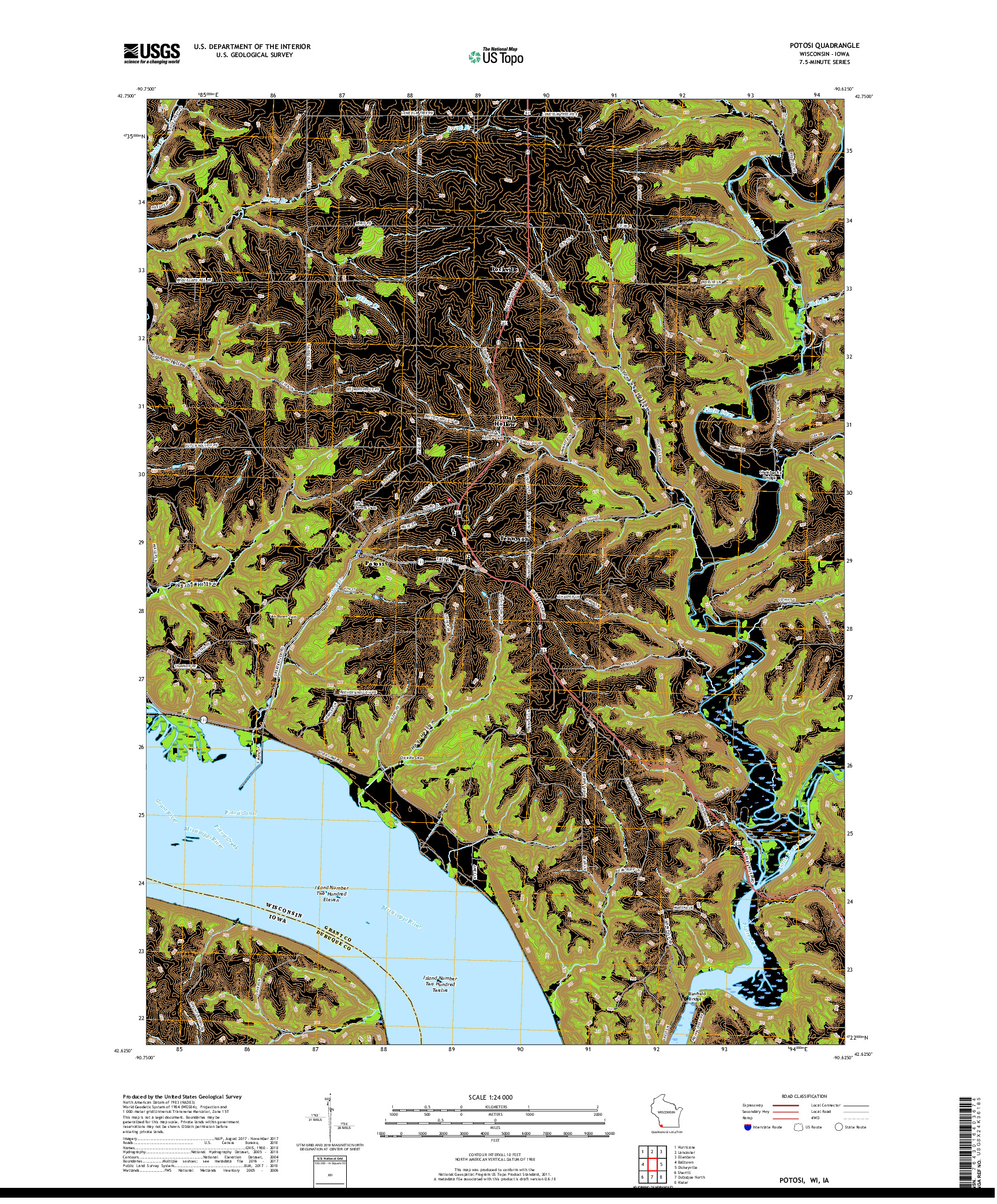 USGS US TOPO 7.5-MINUTE MAP FOR POTOSI, WI,IA 2018