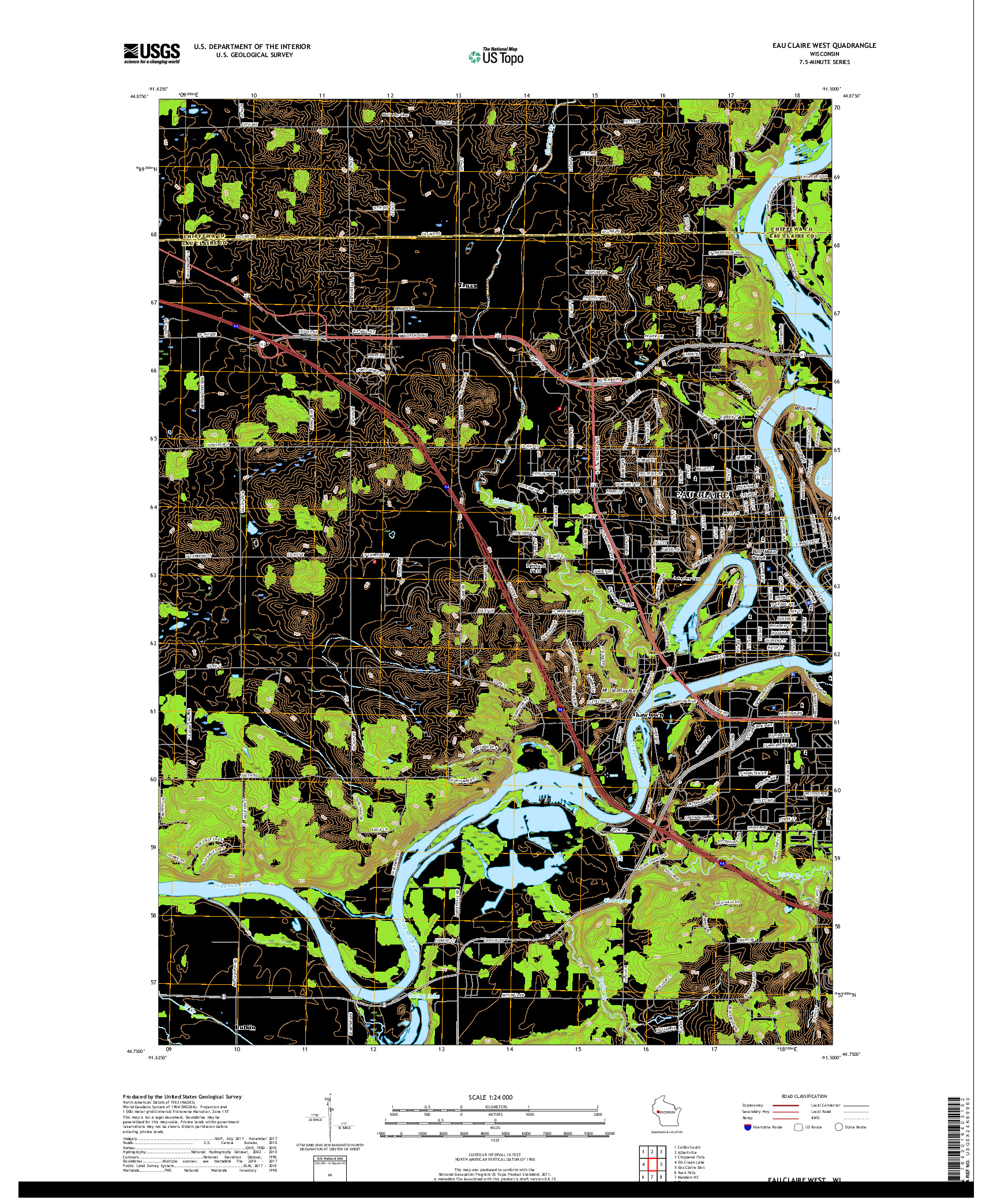 USGS US TOPO 7.5-MINUTE MAP FOR EAU CLAIRE WEST, WI 2018