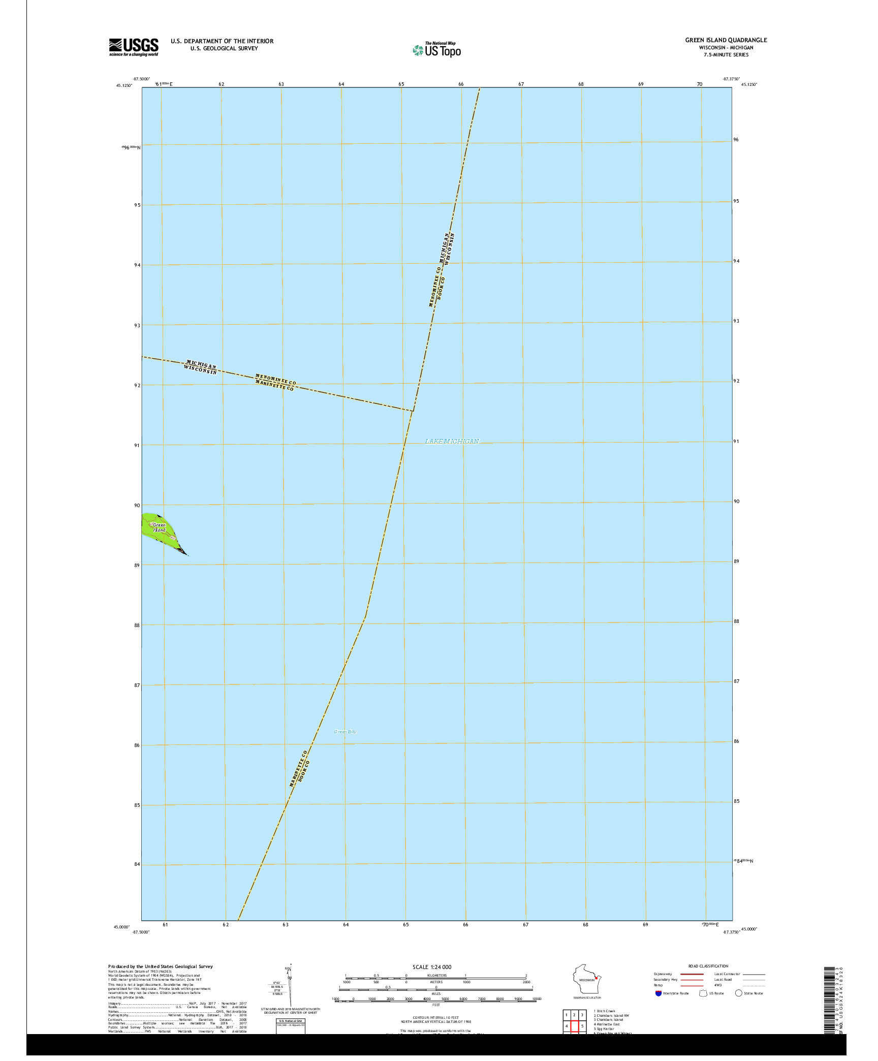 USGS US TOPO 7.5-MINUTE MAP FOR GREEN ISLAND, WI,MI 2018