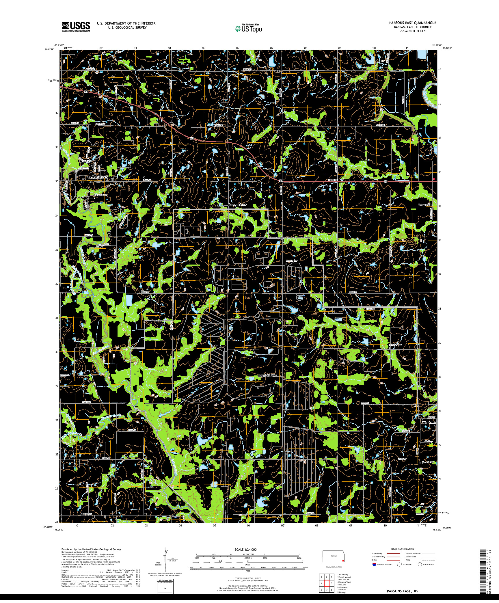 USGS US TOPO 7.5-MINUTE MAP FOR PARSONS EAST, KS 2018