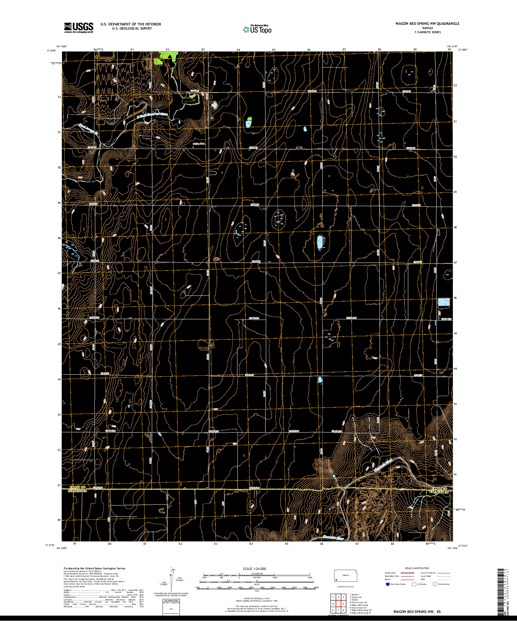 USGS US TOPO 7.5-MINUTE MAP FOR WAGON BED SPRING NW, KS 2018