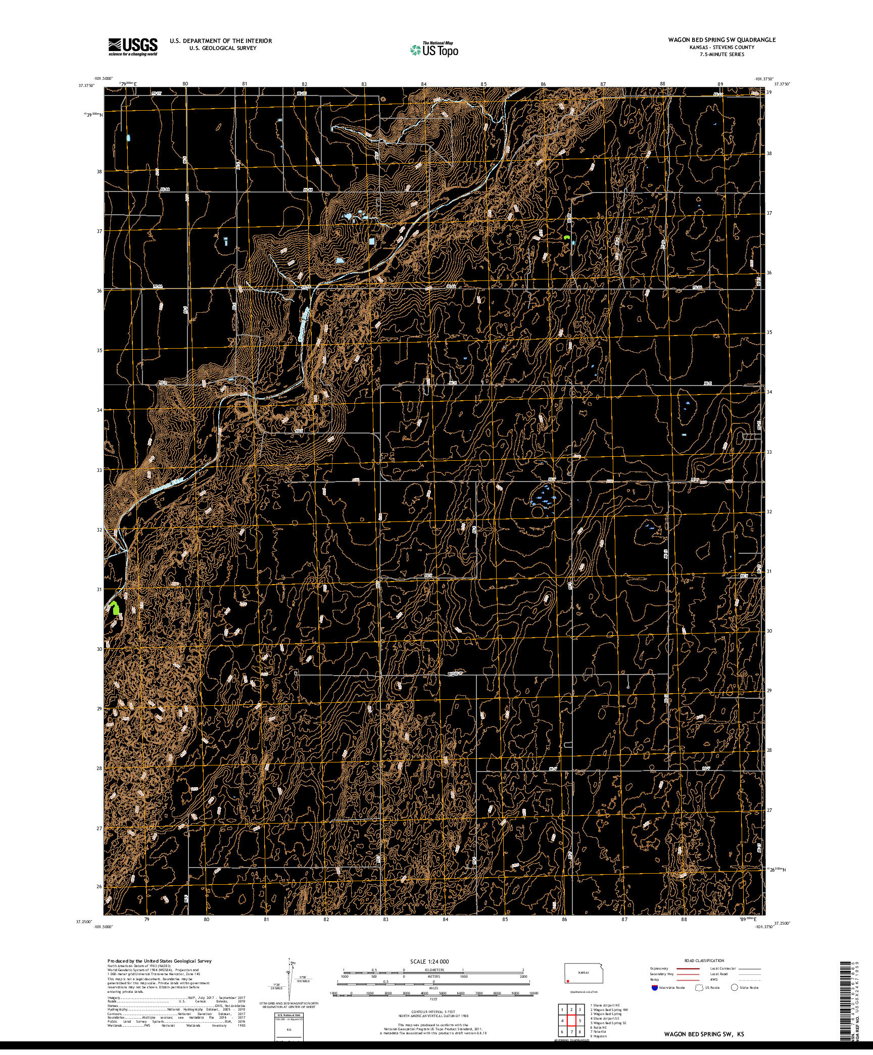 USGS US TOPO 7.5-MINUTE MAP FOR WAGON BED SPRING SW, KS 2018