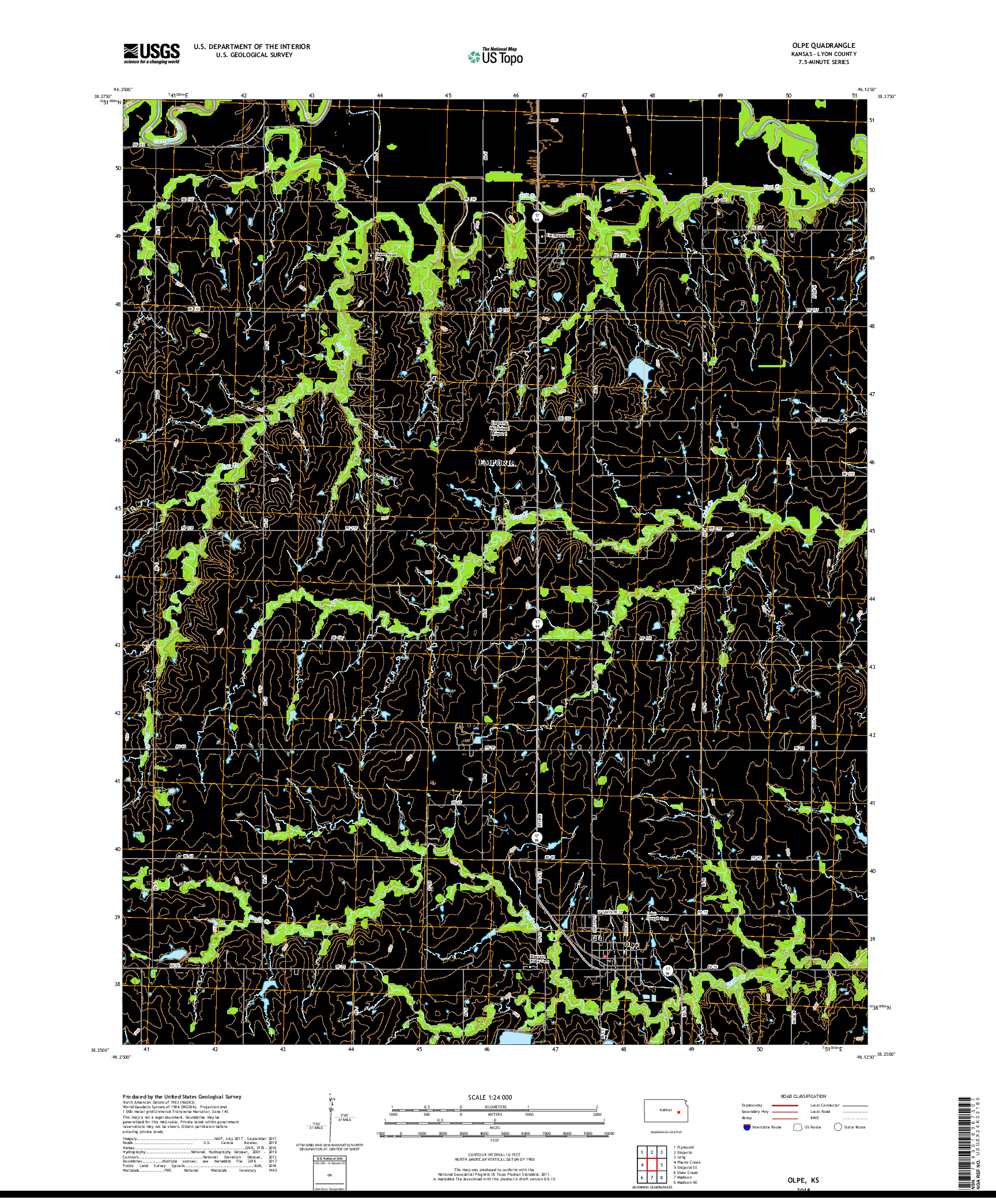 USGS US TOPO 7.5-MINUTE MAP FOR OLPE, KS 2018