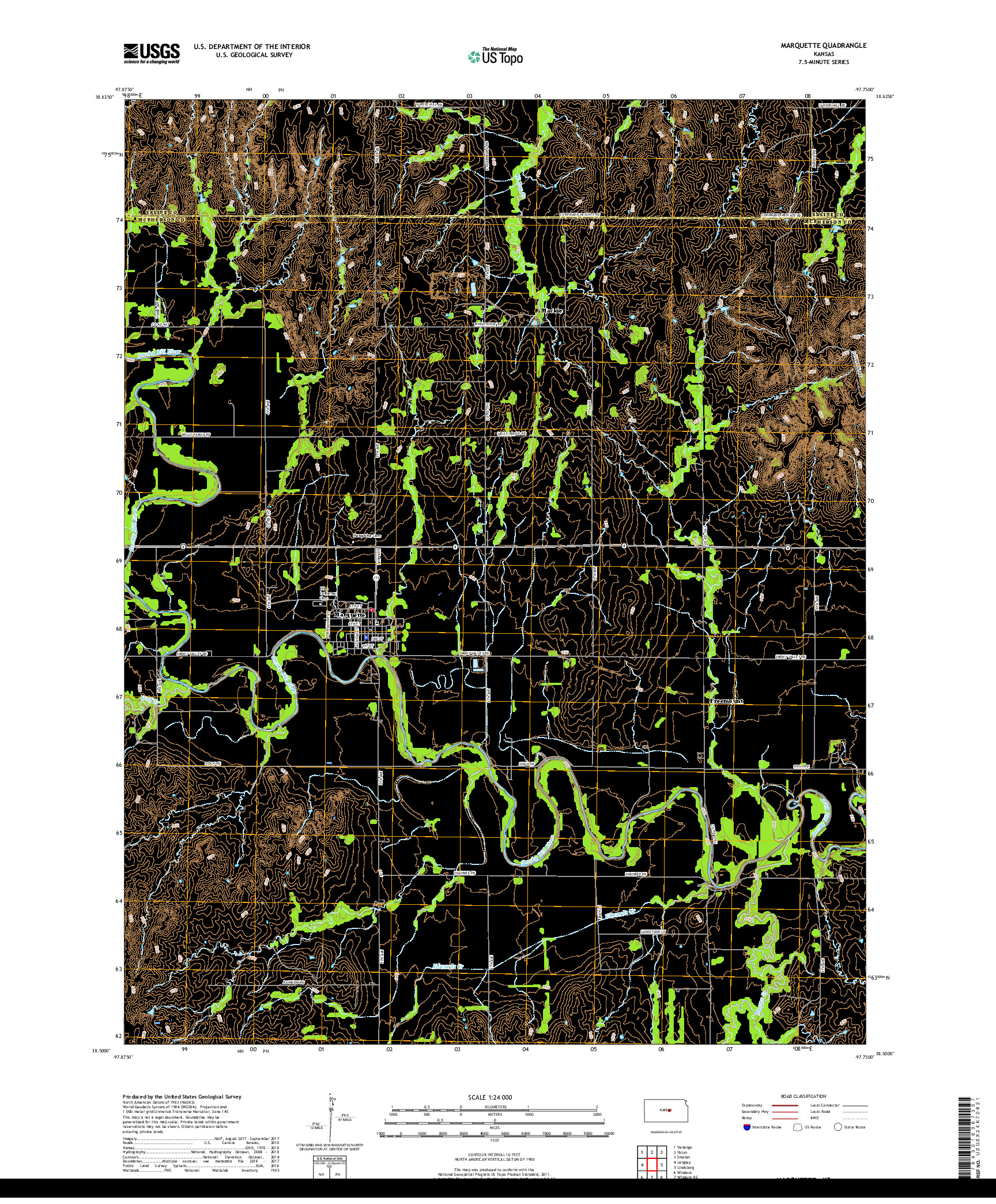 USGS US TOPO 7.5-MINUTE MAP FOR MARQUETTE, KS 2018