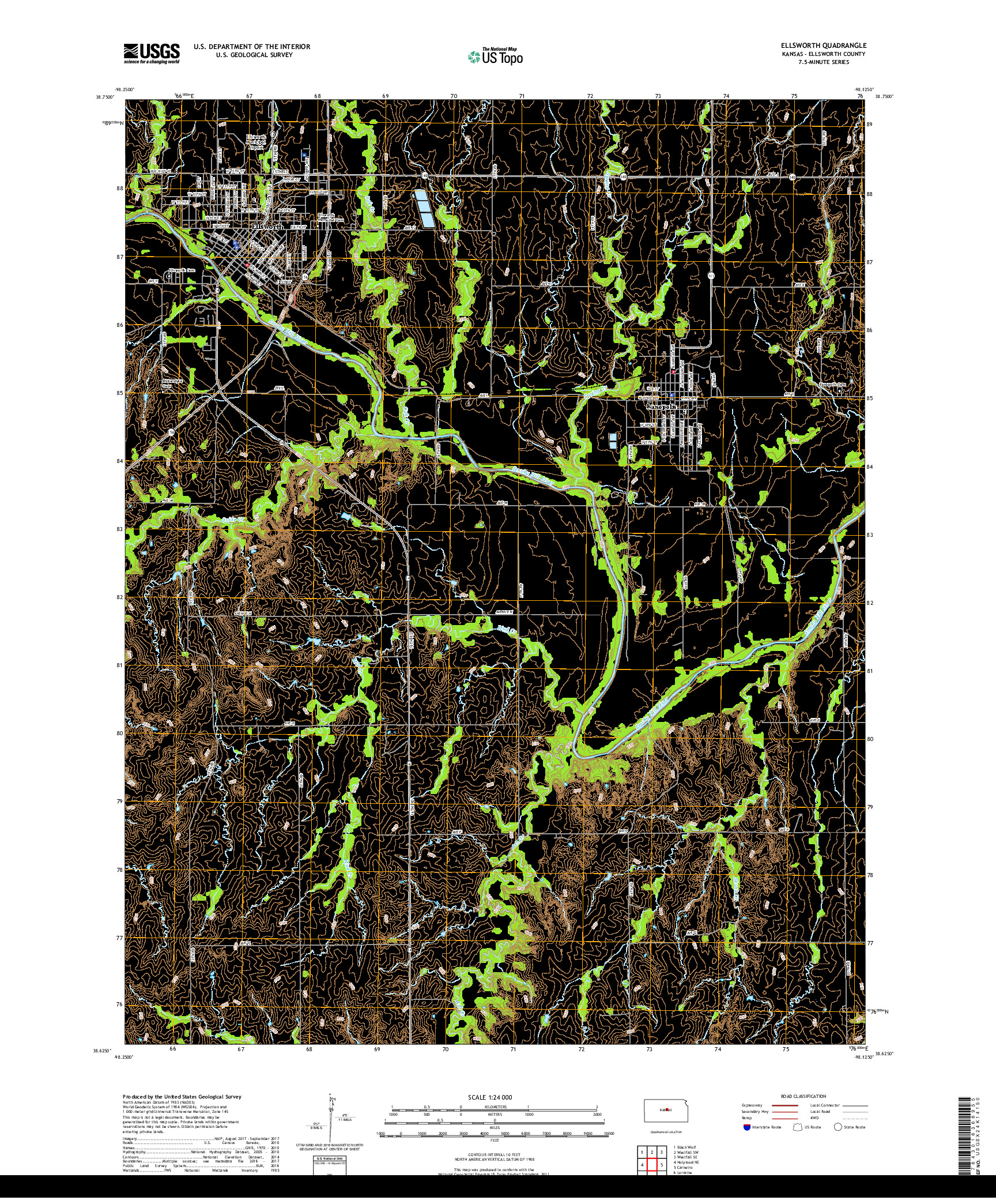 USGS US TOPO 7.5-MINUTE MAP FOR ELLSWORTH, KS 2018