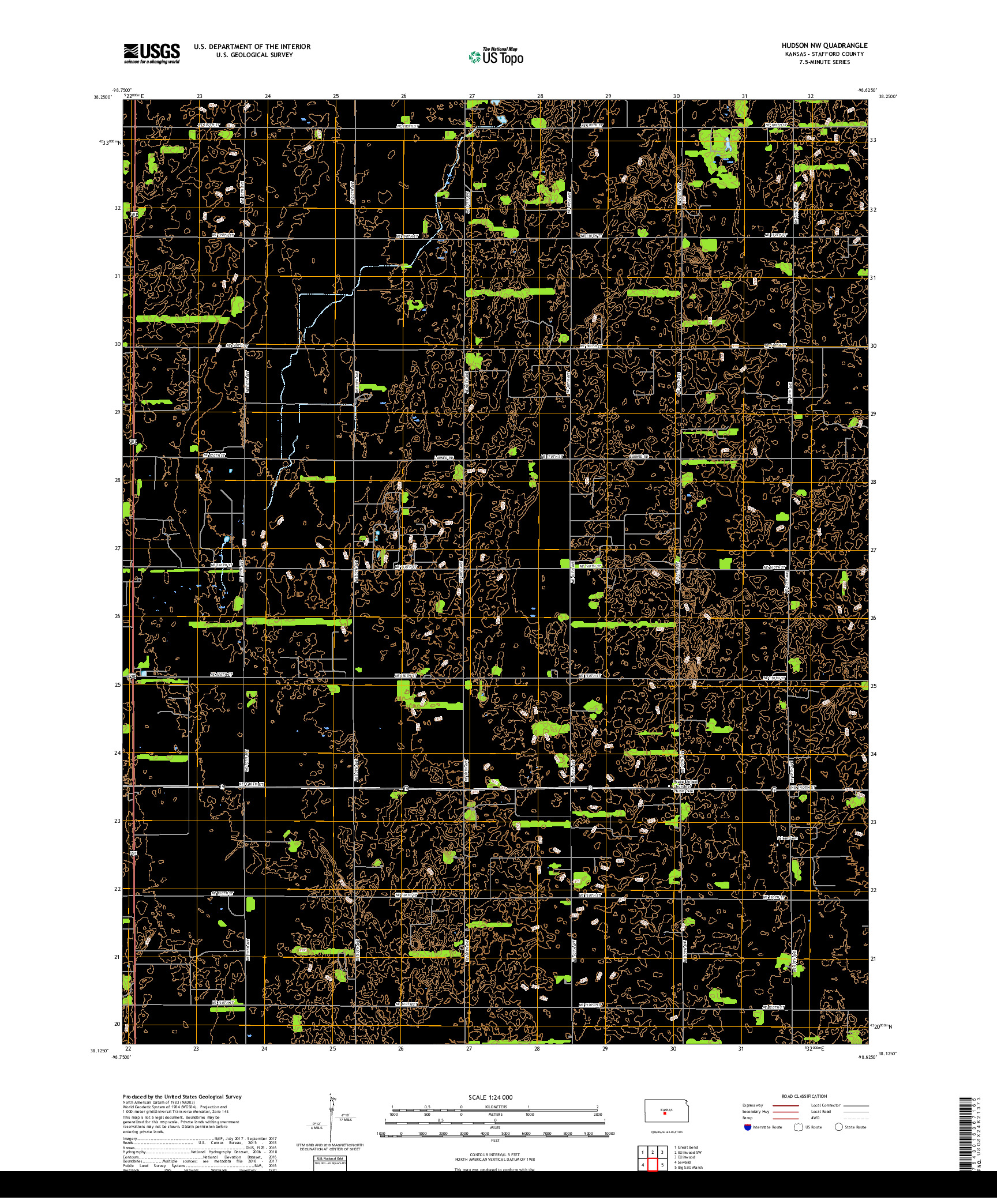 USGS US TOPO 7.5-MINUTE MAP FOR HUDSON NW, KS 2018