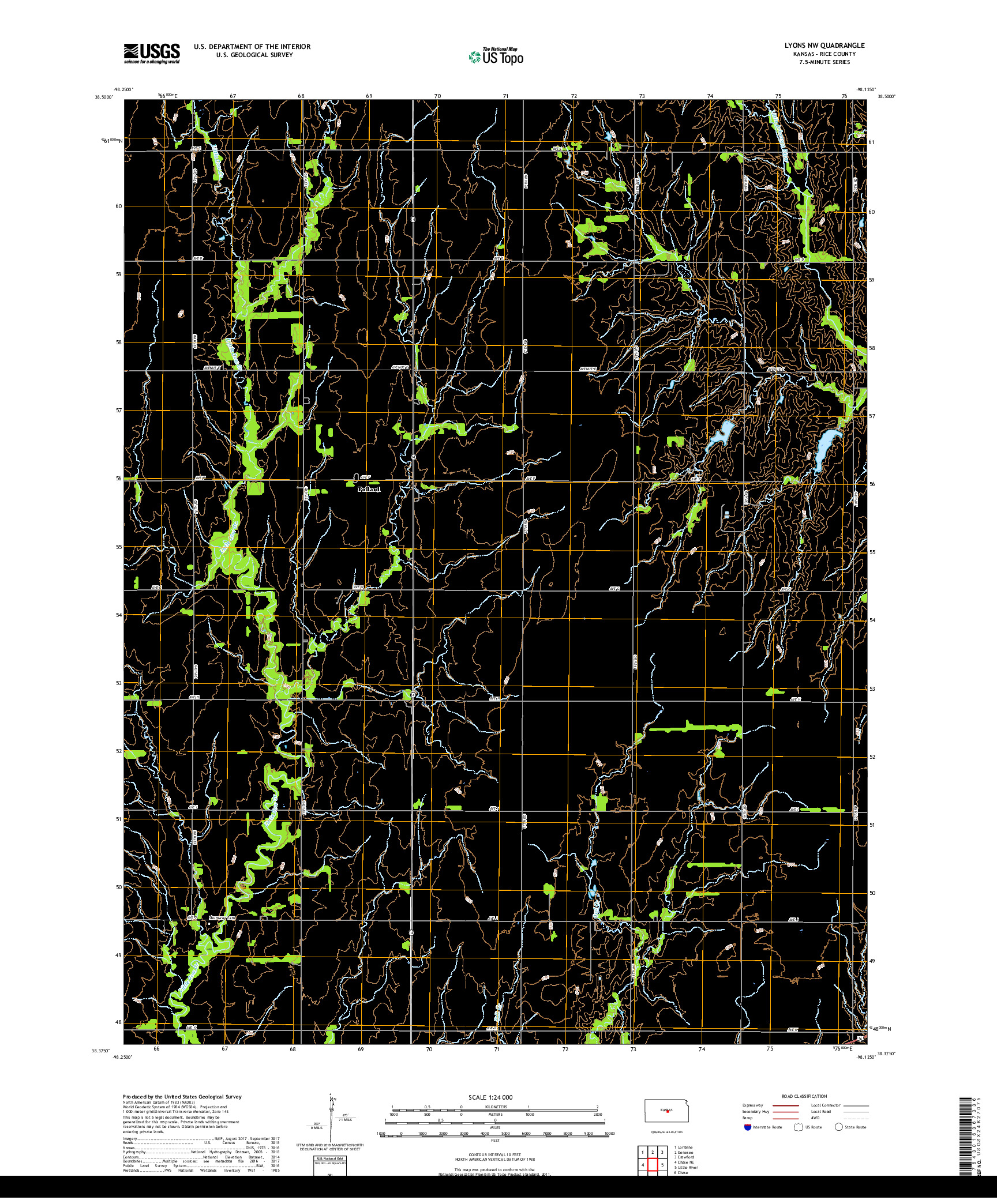 USGS US TOPO 7.5-MINUTE MAP FOR LYONS NW, KS 2018