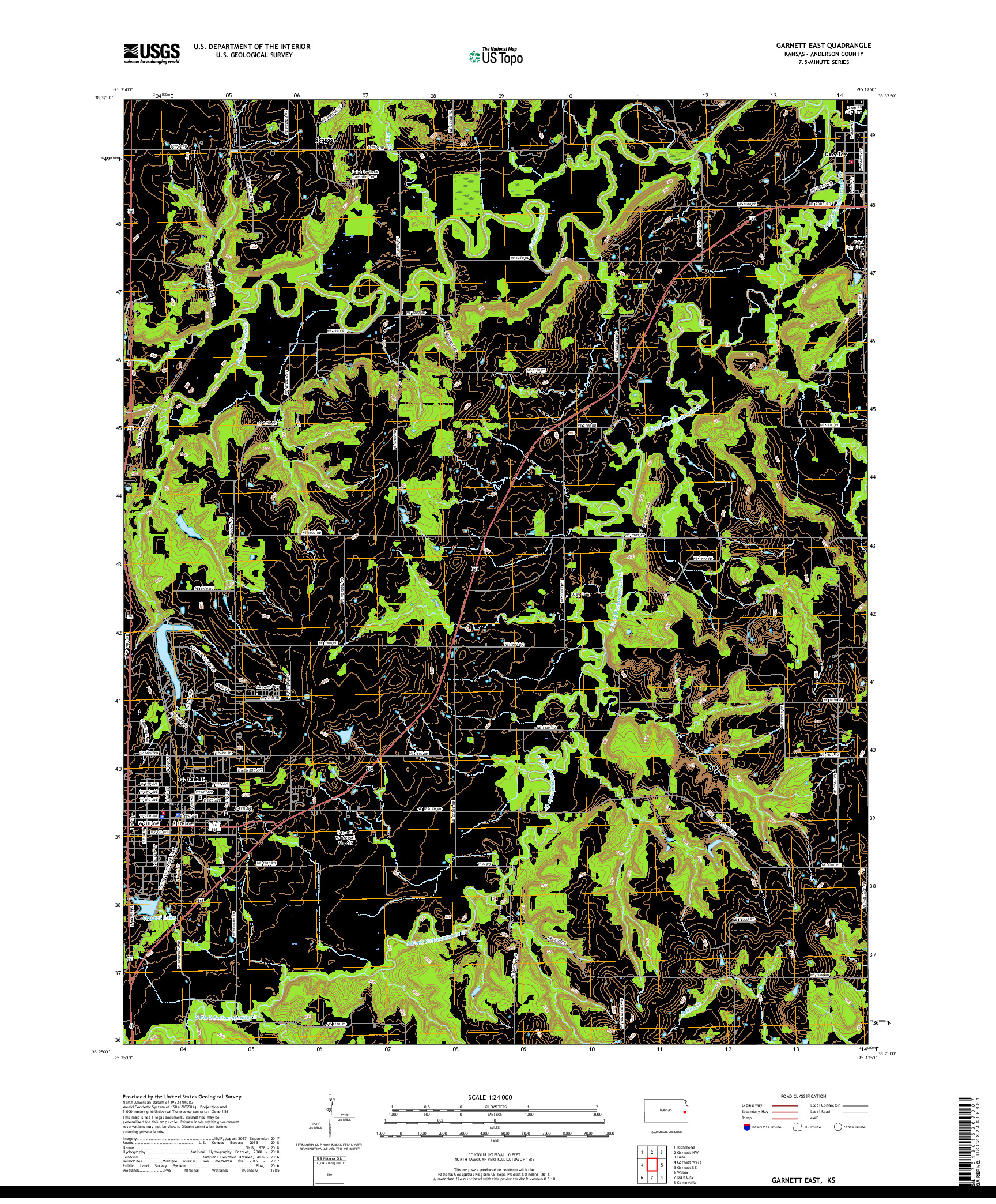 USGS US TOPO 7.5-MINUTE MAP FOR GARNETT EAST, KS 2018