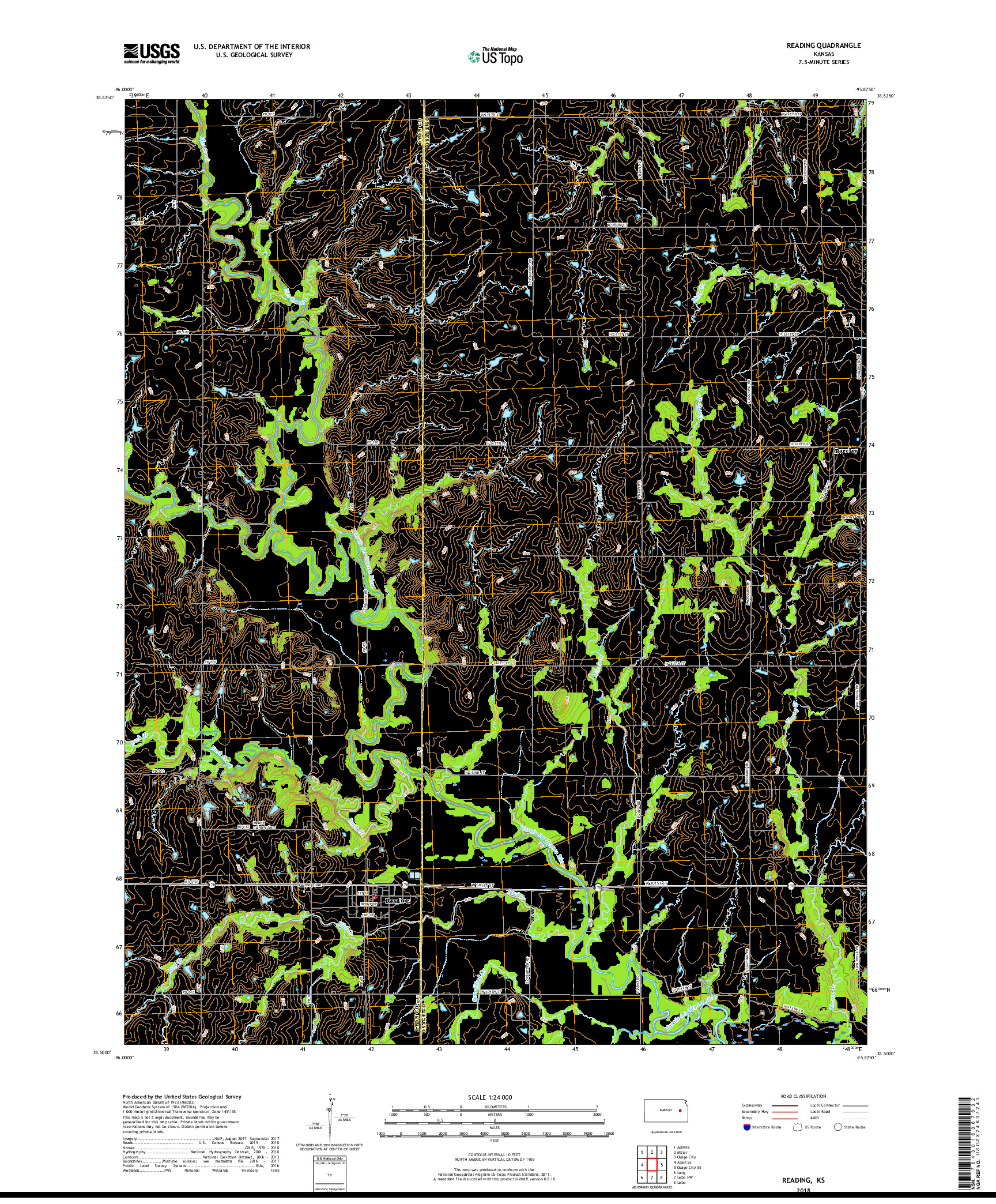 USGS US TOPO 7.5-MINUTE MAP FOR READING, KS 2018