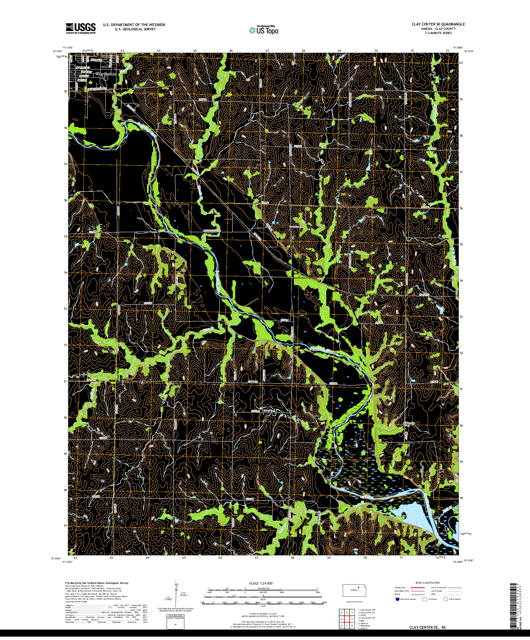 USGS US TOPO 7.5-MINUTE MAP FOR CLAY CENTER SE, KS 2018