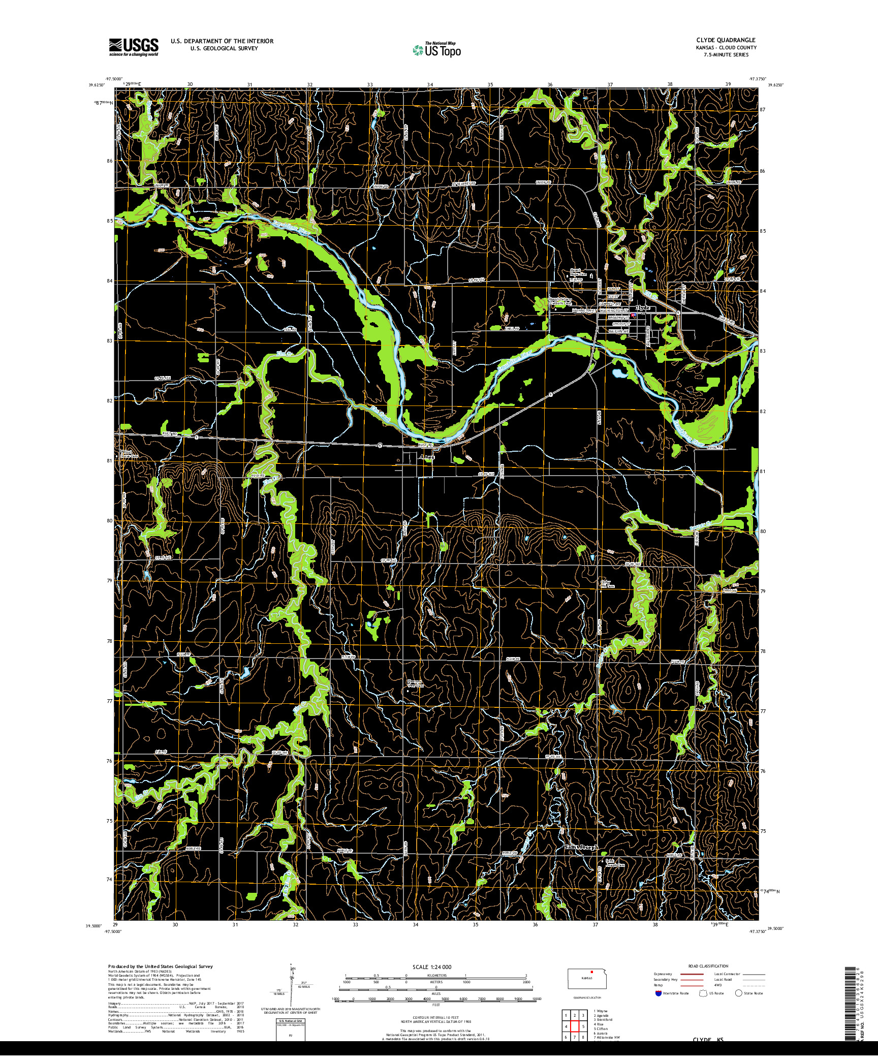 USGS US TOPO 7.5-MINUTE MAP FOR CLYDE, KS 2018