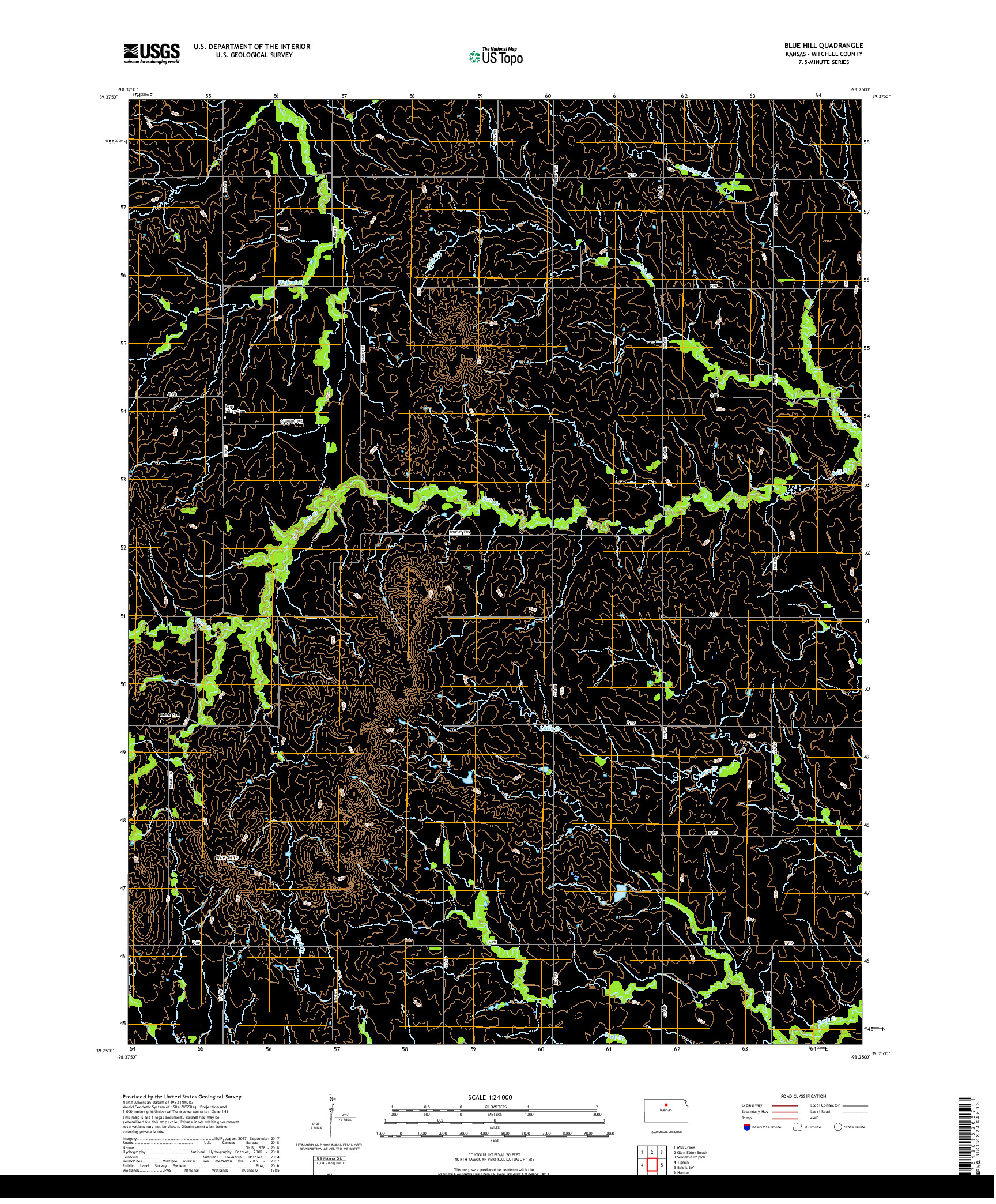 USGS US TOPO 7.5-MINUTE MAP FOR BLUE HILL, KS 2018