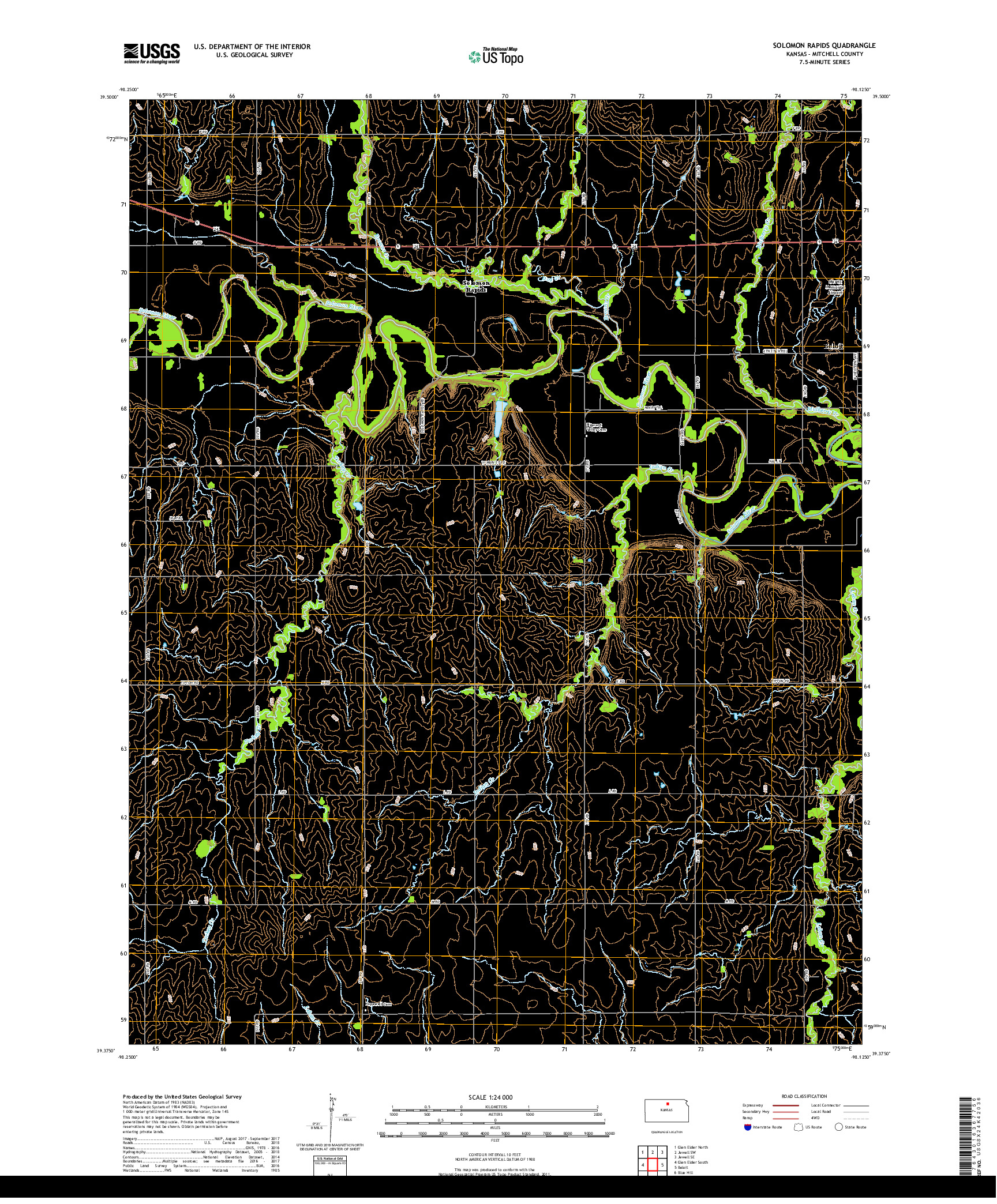 USGS US TOPO 7.5-MINUTE MAP FOR SOLOMON RAPIDS, KS 2018