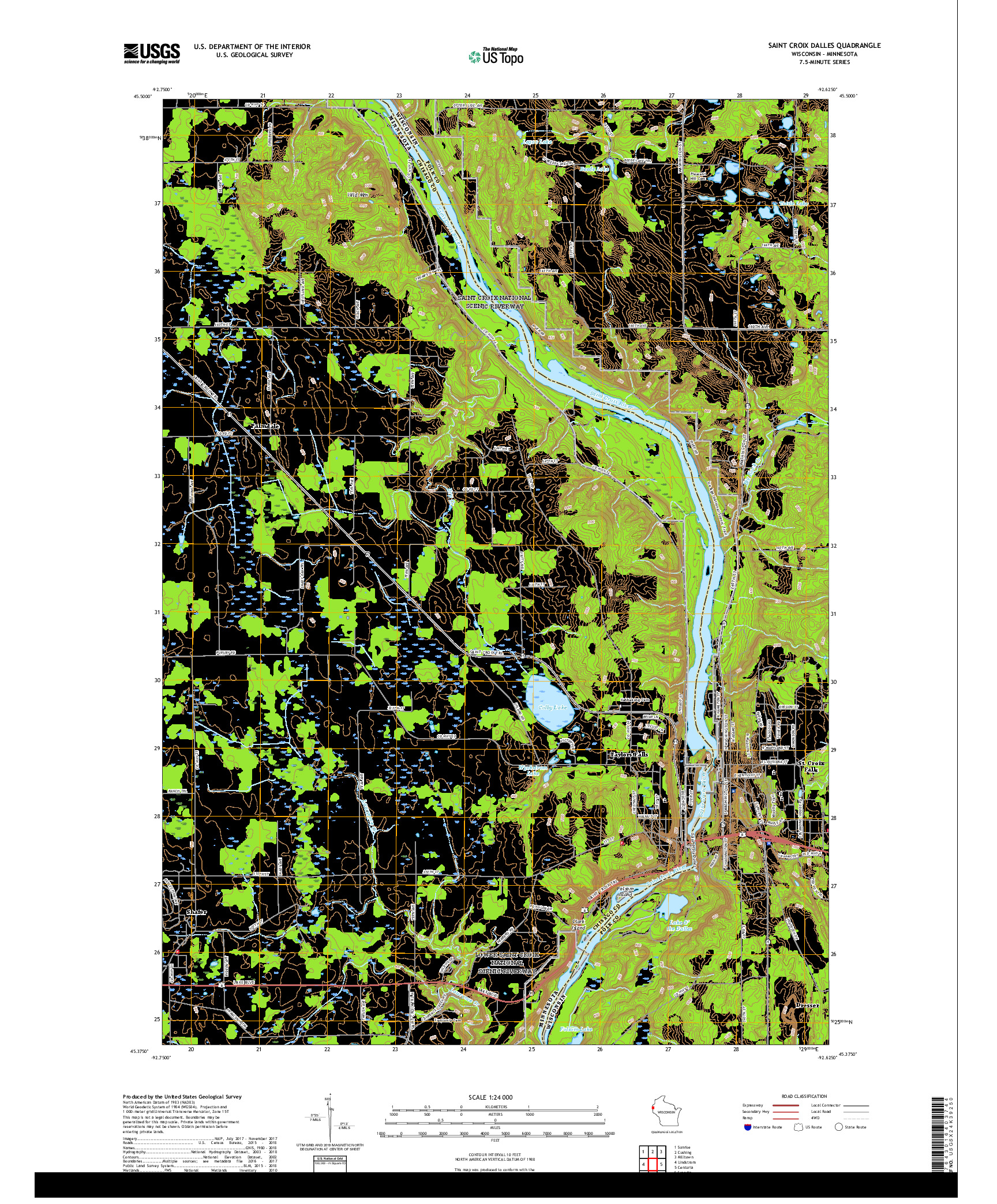 USGS US TOPO 7.5-MINUTE MAP FOR SAINT CROIX DALLES, WI,MN 2019