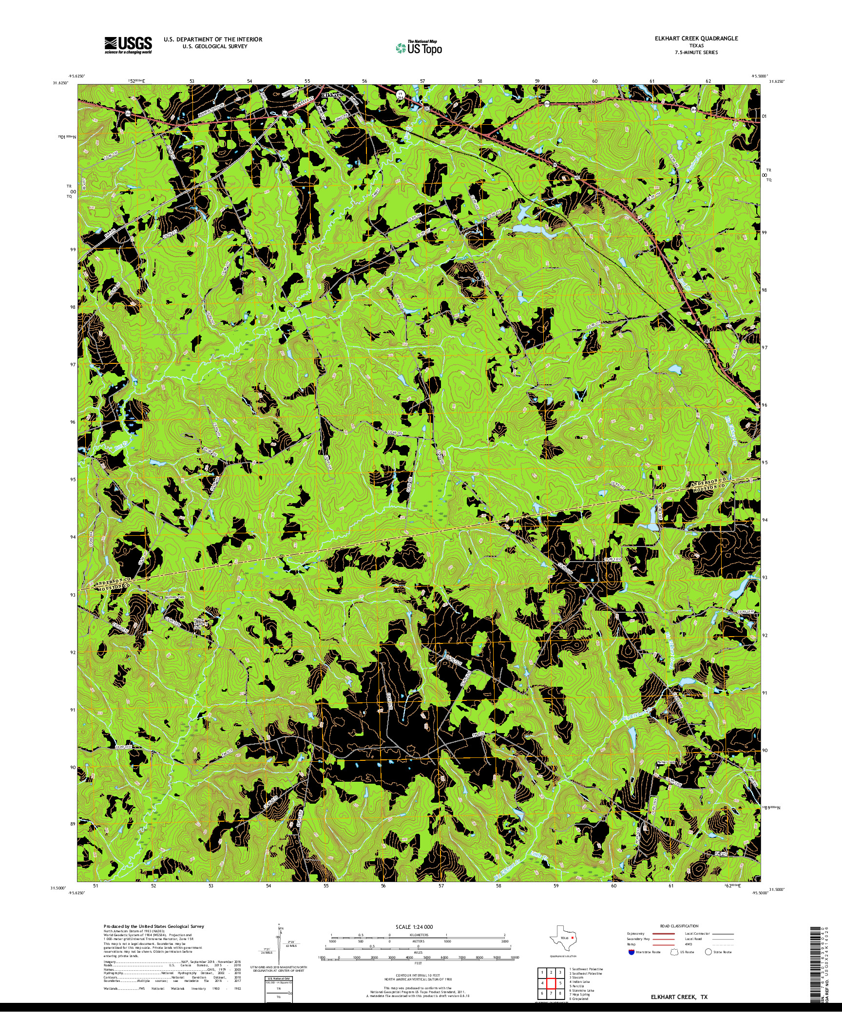 USGS US TOPO 7.5-MINUTE MAP FOR ELKHART CREEK, TX 2019