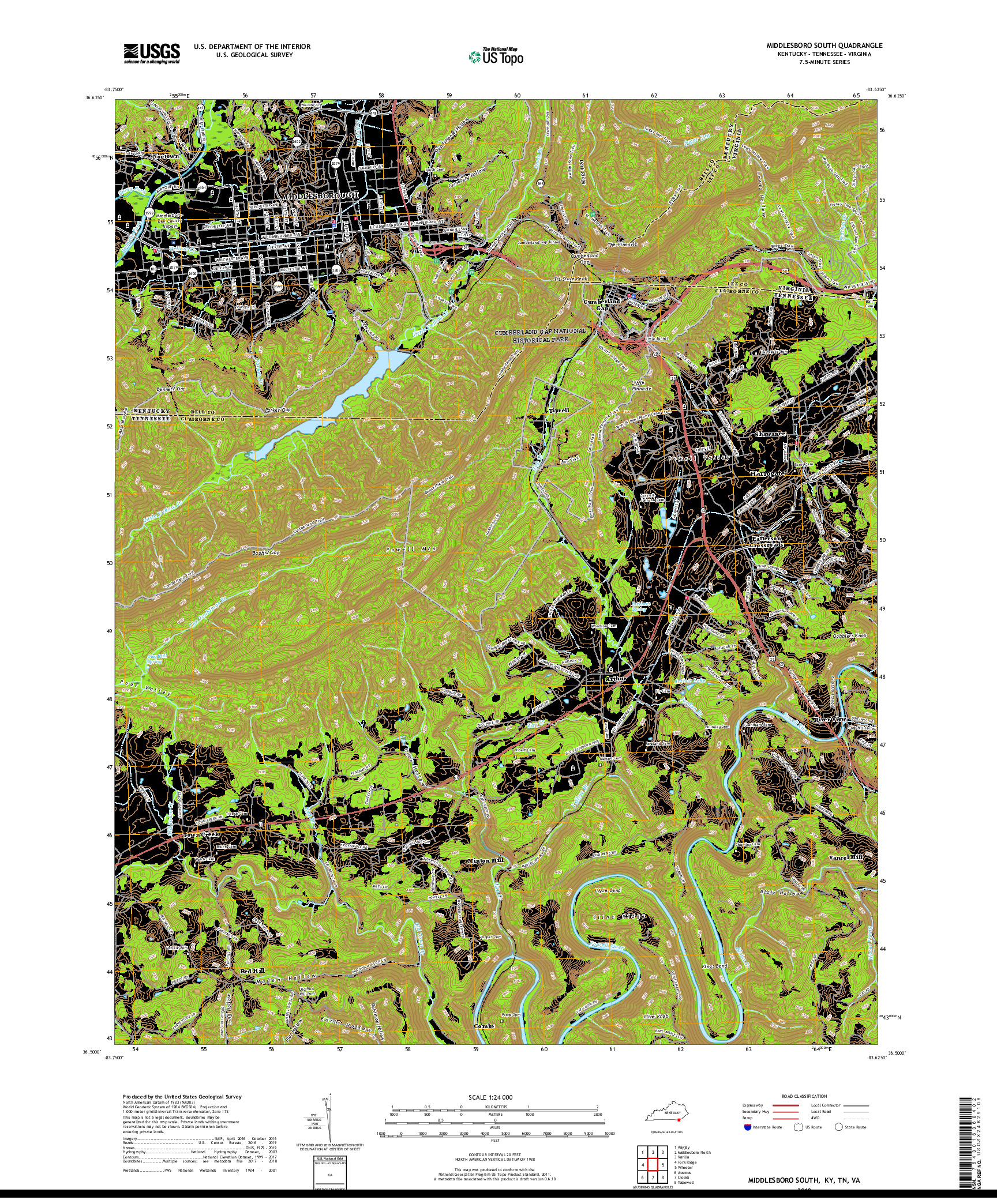 USGS US TOPO 7.5-MINUTE MAP FOR MIDDLESBORO SOUTH, KY,TN,VA 2019