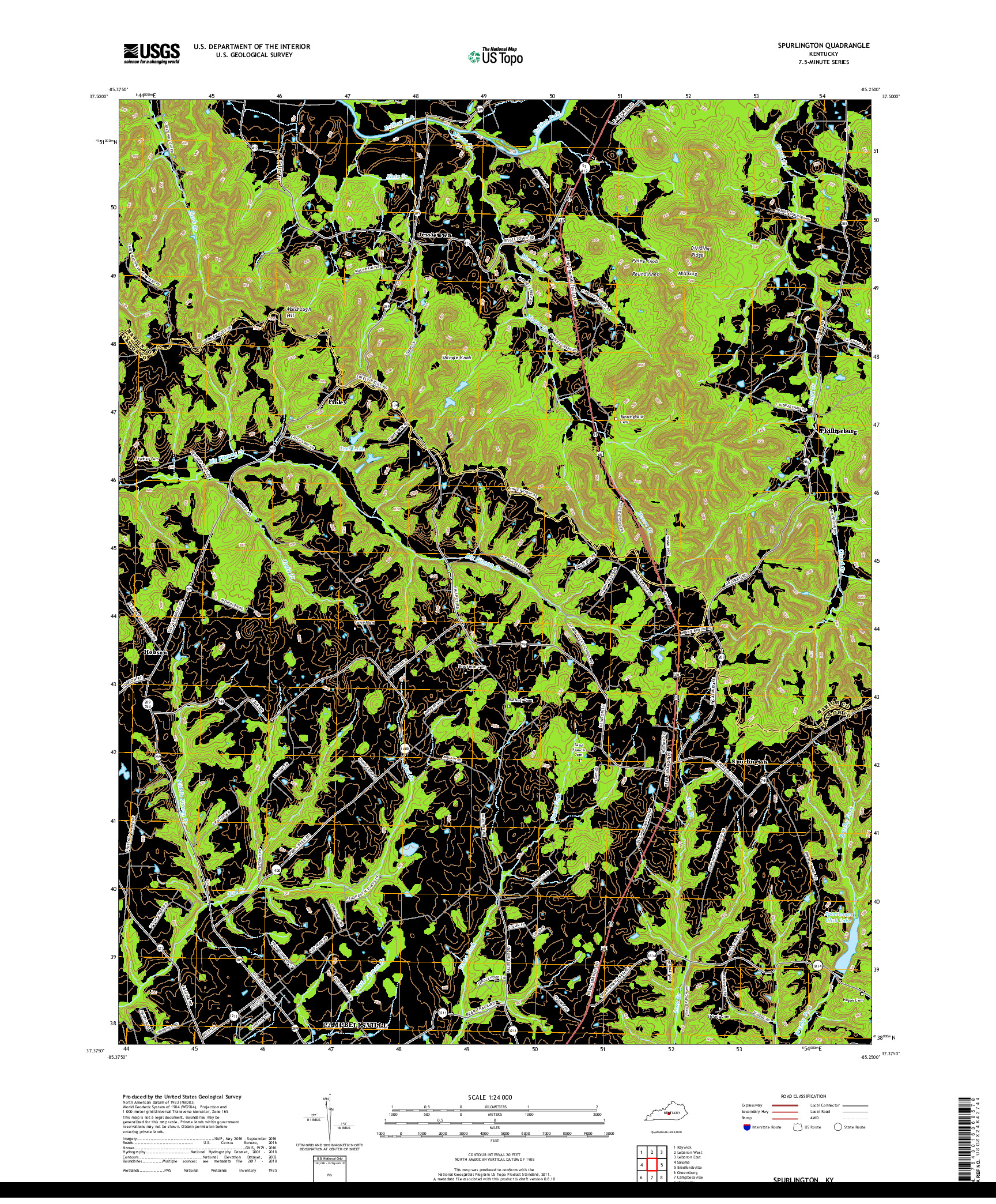 USGS US TOPO 7.5-MINUTE MAP FOR SPURLINGTON, KY 2019