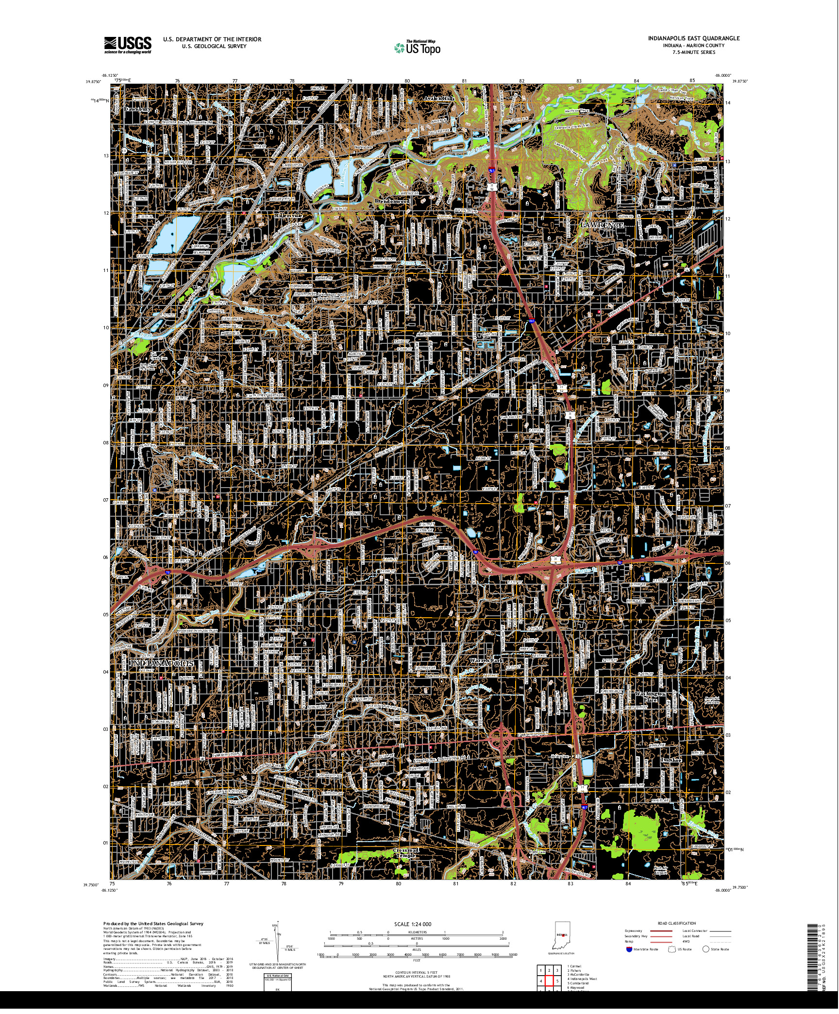 USGS US TOPO 7.5-MINUTE MAP FOR INDIANAPOLIS EAST, IN 2019