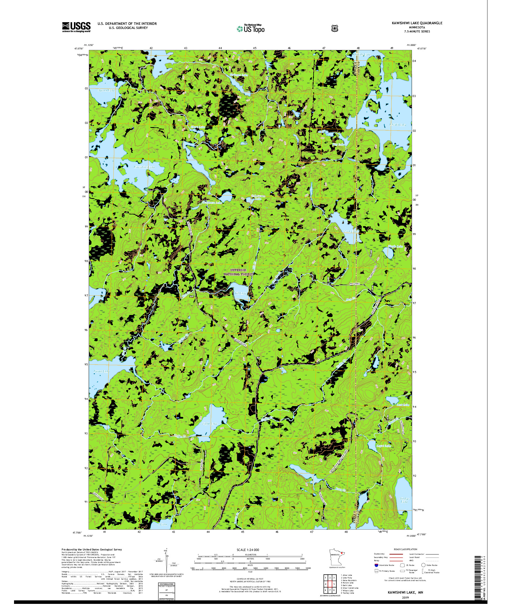 USGS US TOPO 7.5-MINUTE MAP FOR KAWISHIWI LAKE, MN 2019