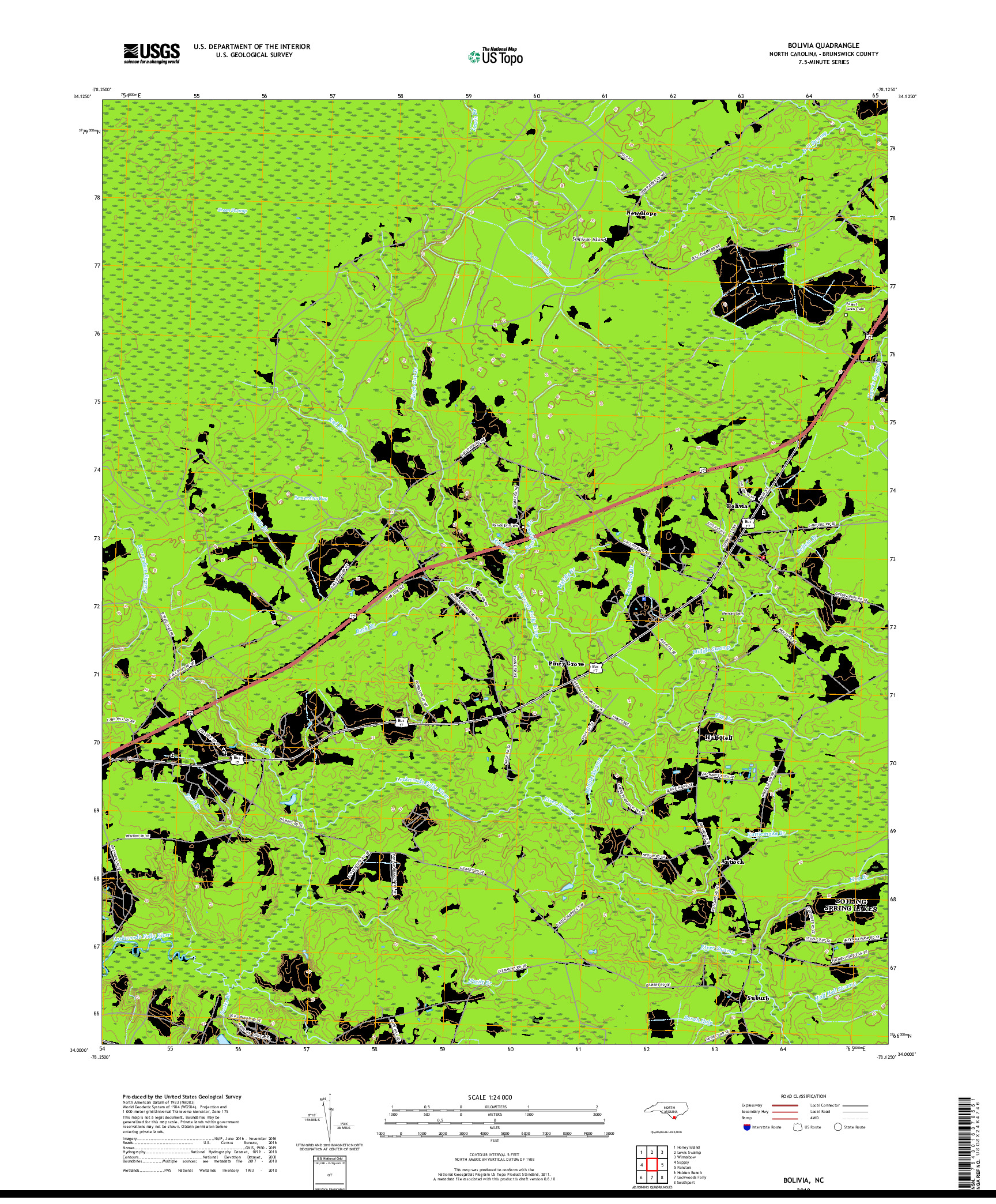 USGS US TOPO 7.5-MINUTE MAP FOR BOLIVIA, NC 2019