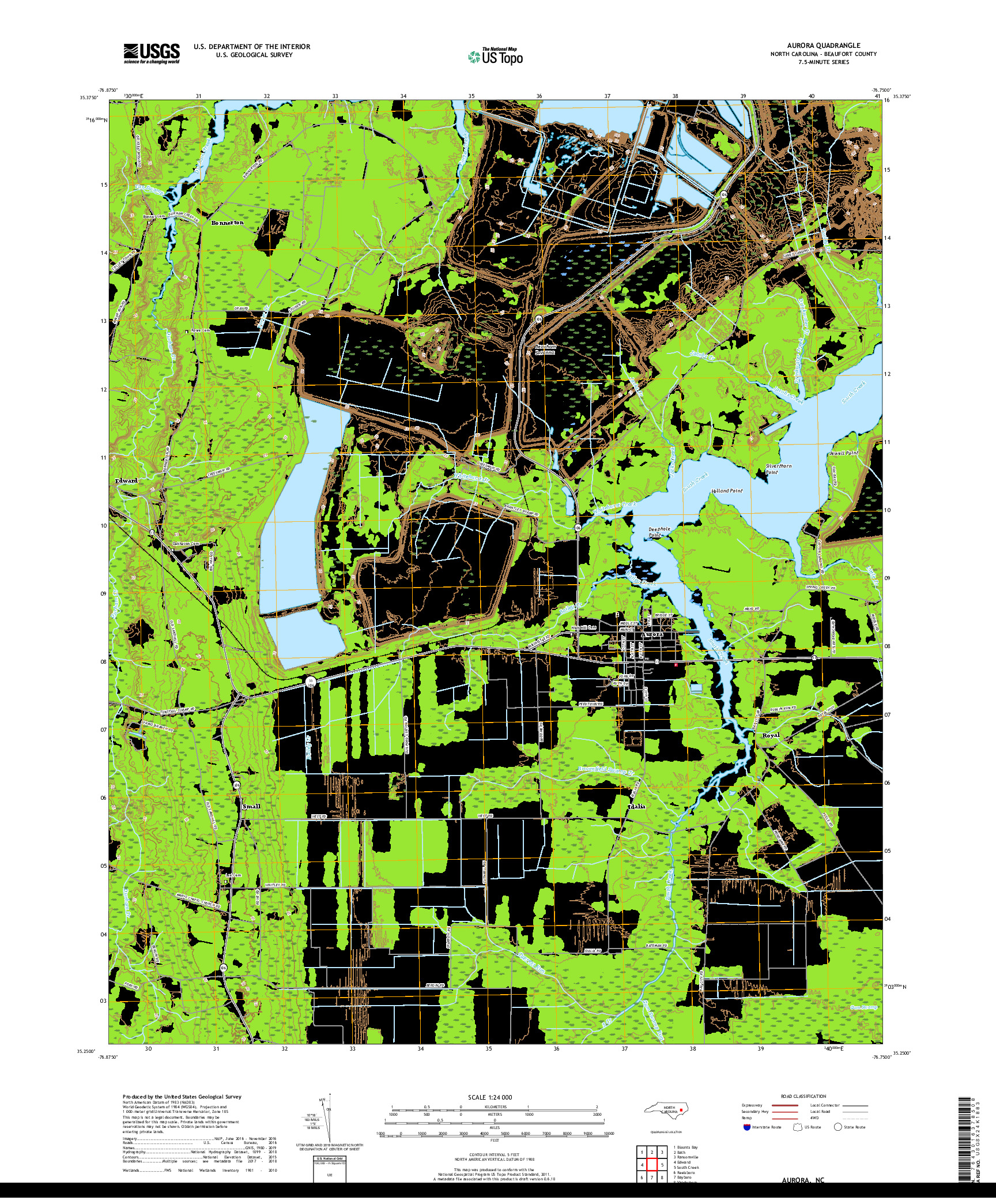 USGS US TOPO 7.5-MINUTE MAP FOR AURORA, NC 2019