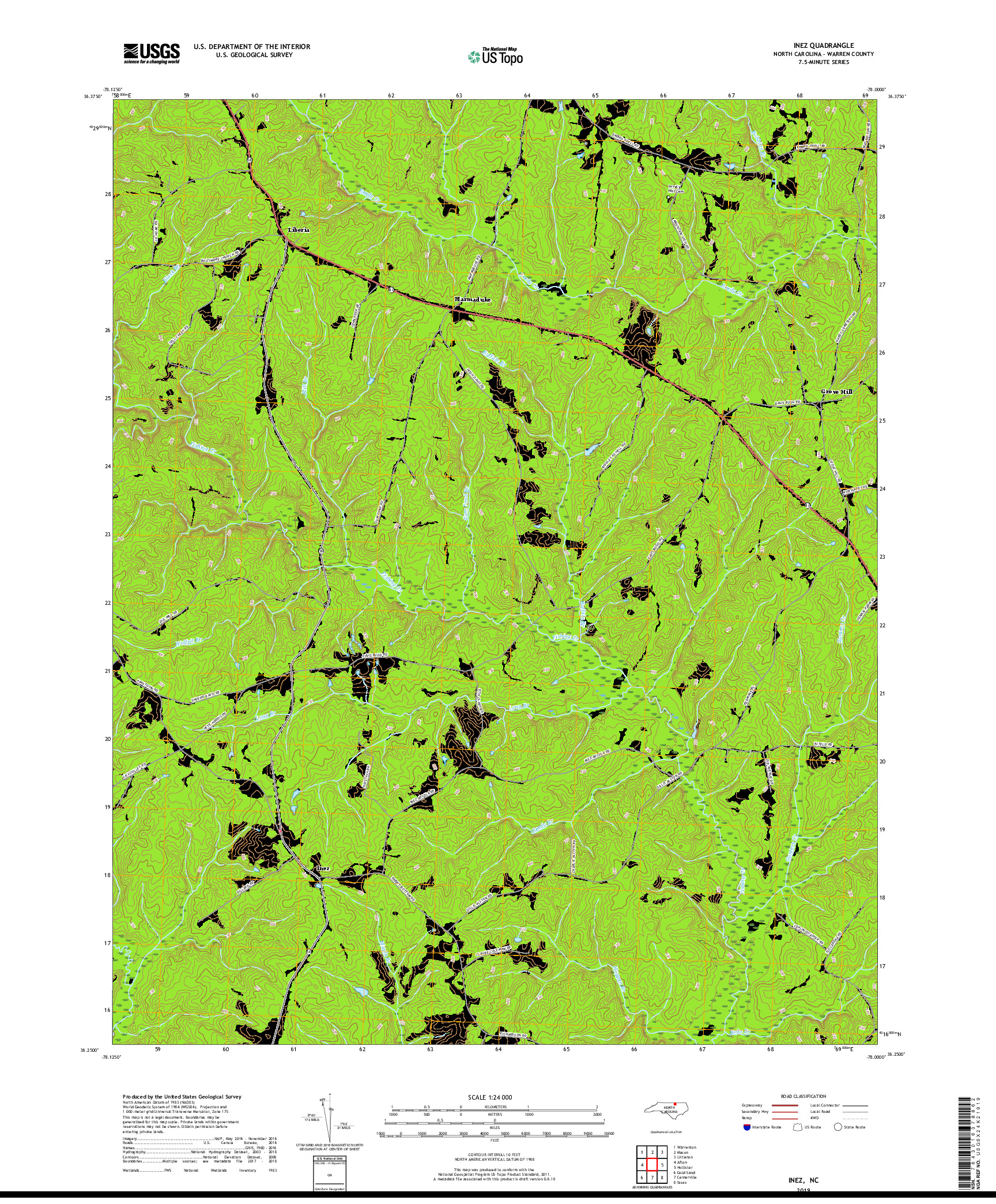 USGS US TOPO 7.5-MINUTE MAP FOR INEZ, NC 2019