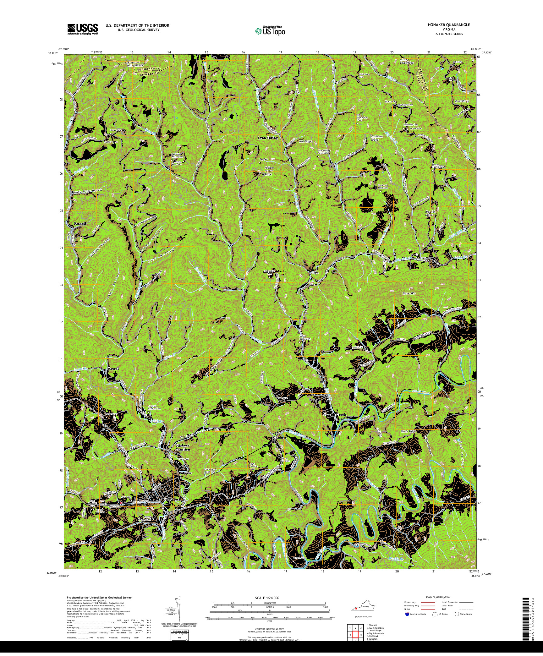 USGS US TOPO 7.5-MINUTE MAP FOR HONAKER, VA 2019