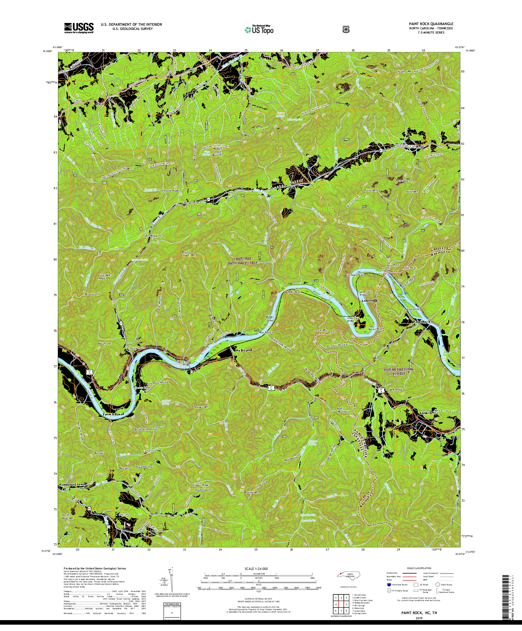 USGS US TOPO 7.5-MINUTE MAP FOR PAINT ROCK, NC,TN 2019